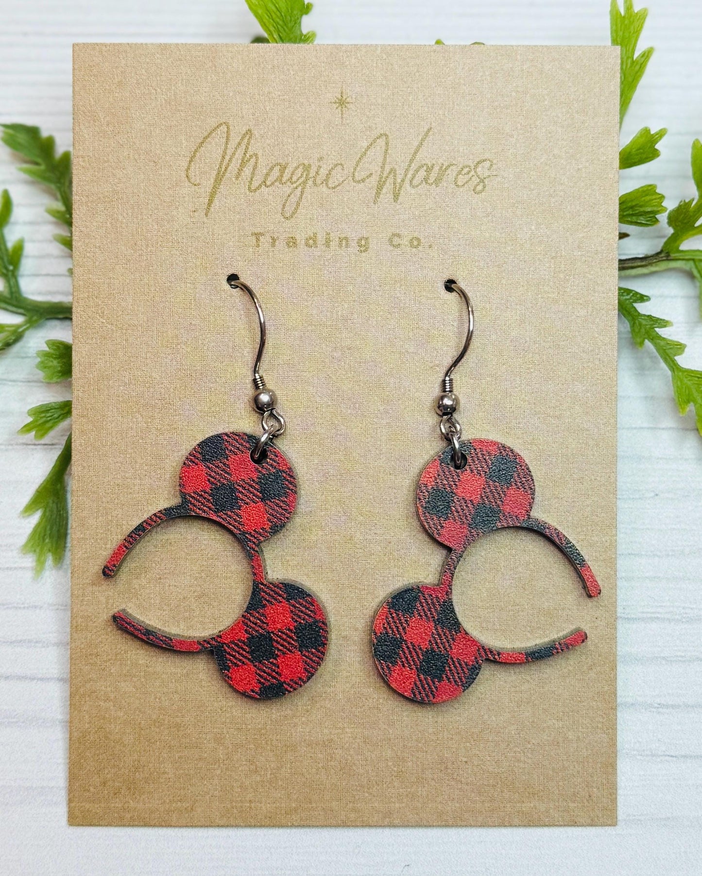 Buffalo Plaid Mouse Ears Headband Dangle Earrings, Laser cut Red Buffalo Plaid Acrylic Earrings, Christmas Dangle Earrings