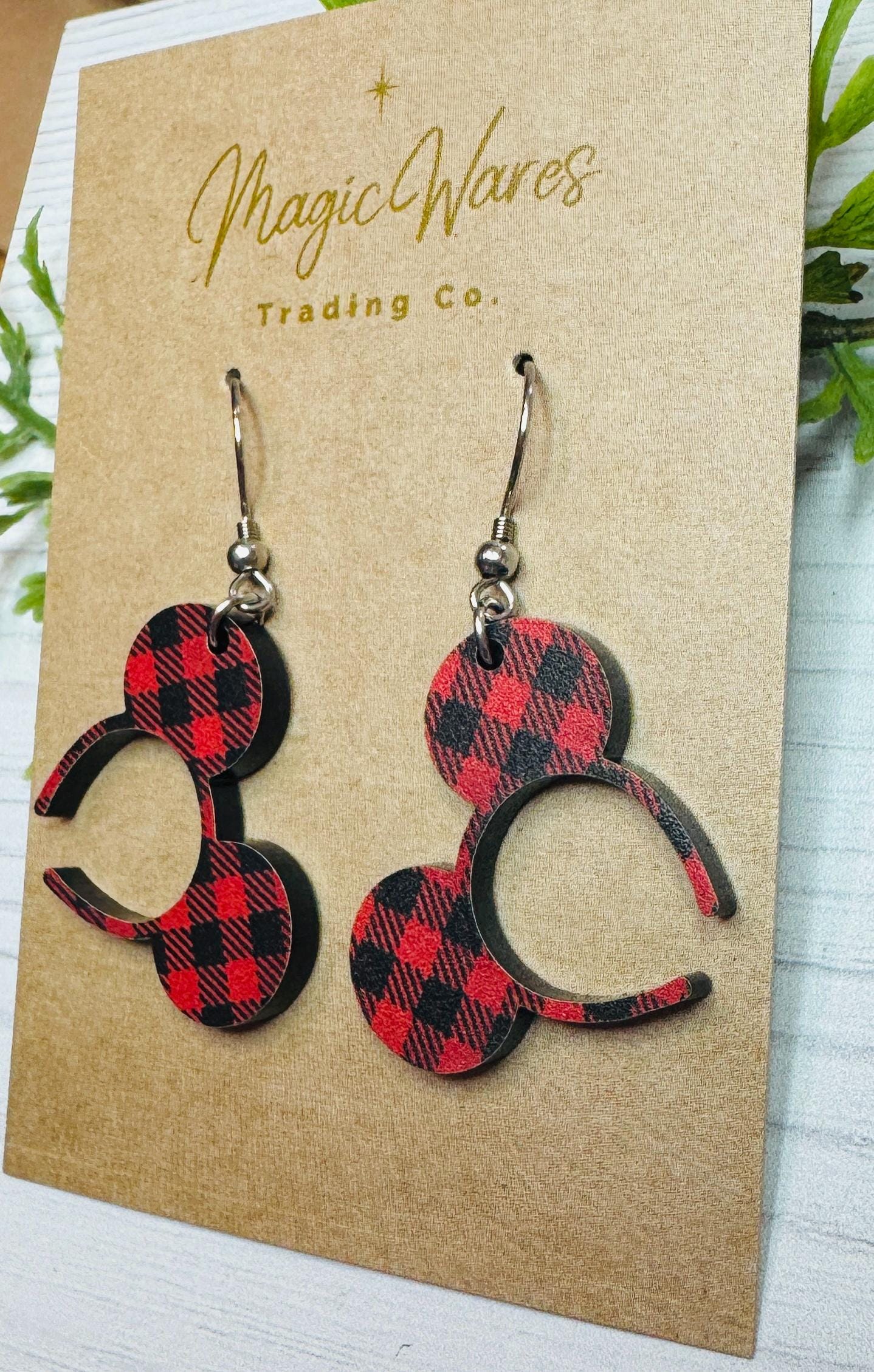 Buffalo Plaid Mouse Ears Headband Dangle Earrings, Laser cut Red Buffalo Plaid Acrylic Earrings, Christmas Dangle Earrings