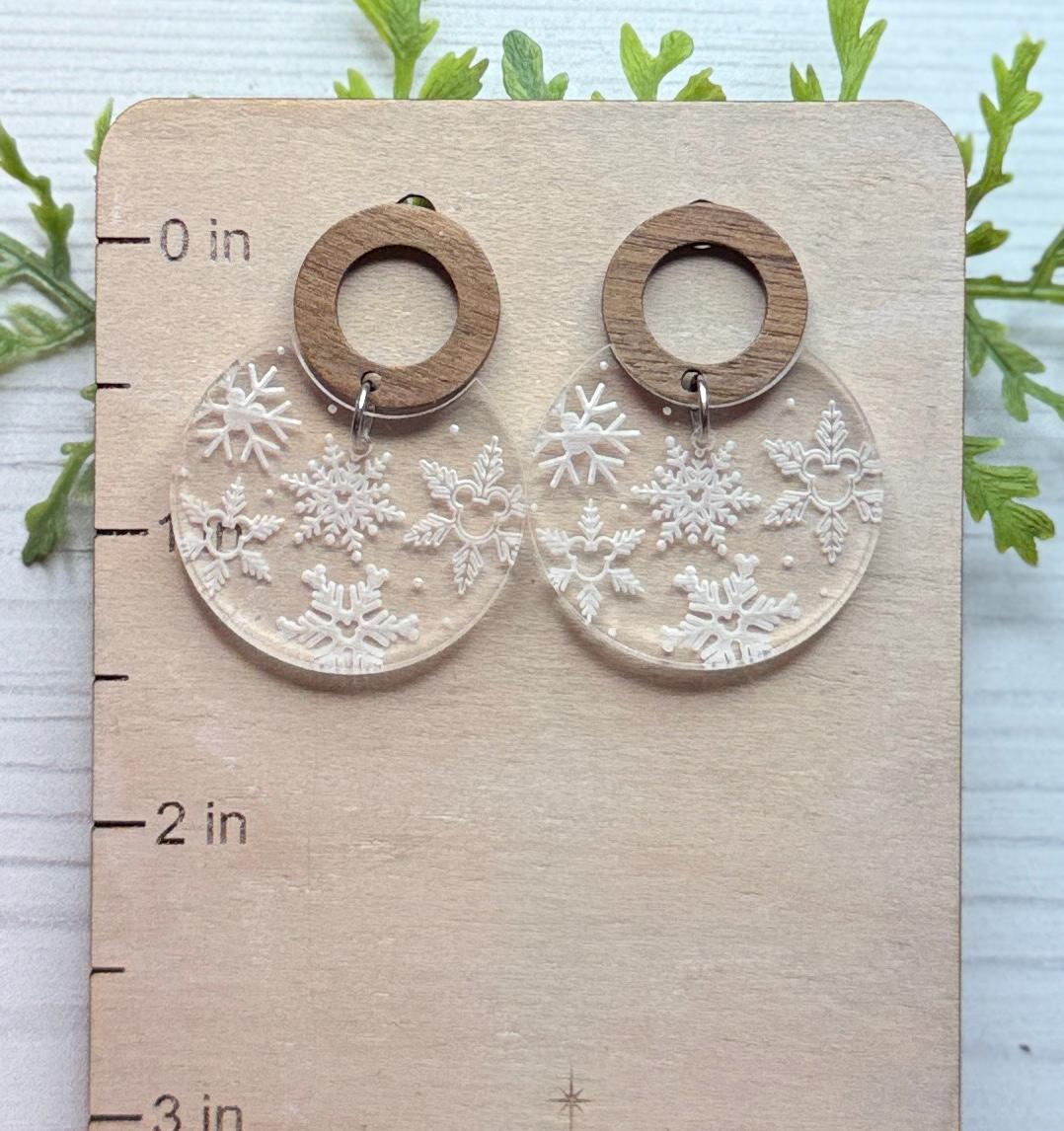 Engraved Hidden Mickey Snowflakes Dangle Earrings, Walnut Wood Post Snowflake Acrylic Earrings, Engraved Snowflake Earrings