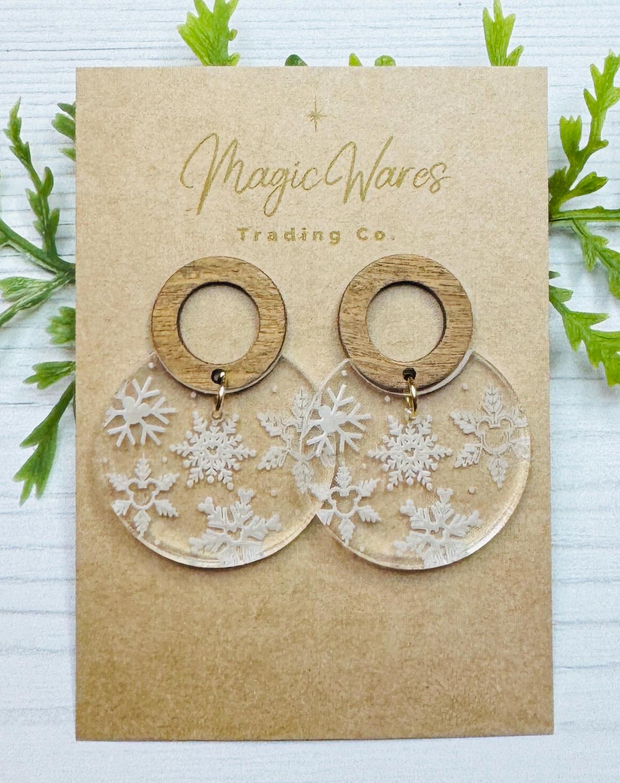 Engraved Hidden Mickey Snowflakes Dangle Earrings, Walnut Wood Post Snowflake Acrylic Earrings, Engraved Snowflake Earrings