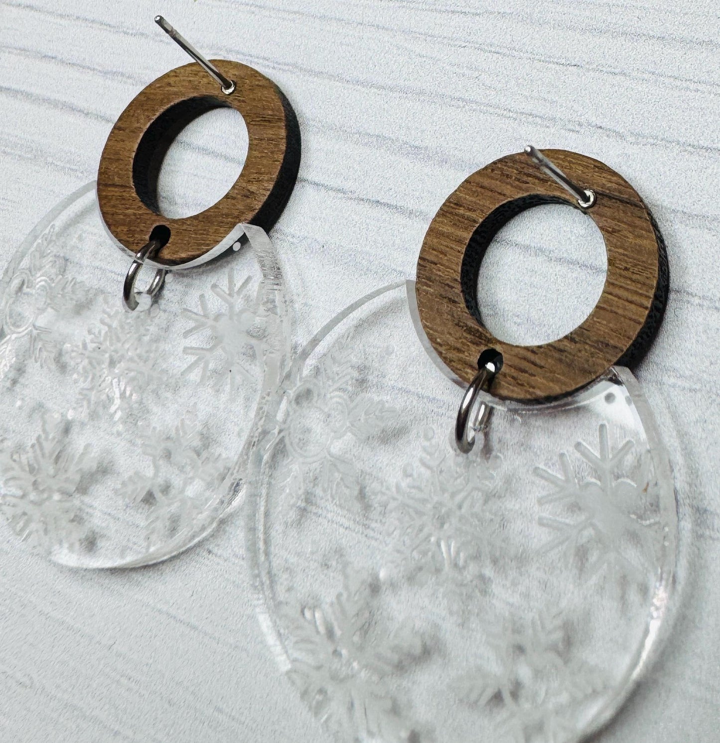 Engraved Hidden Mickey Snowflakes Dangle Earrings, Walnut Wood Post Snowflake Acrylic Earrings, Engraved Snowflake Earrings