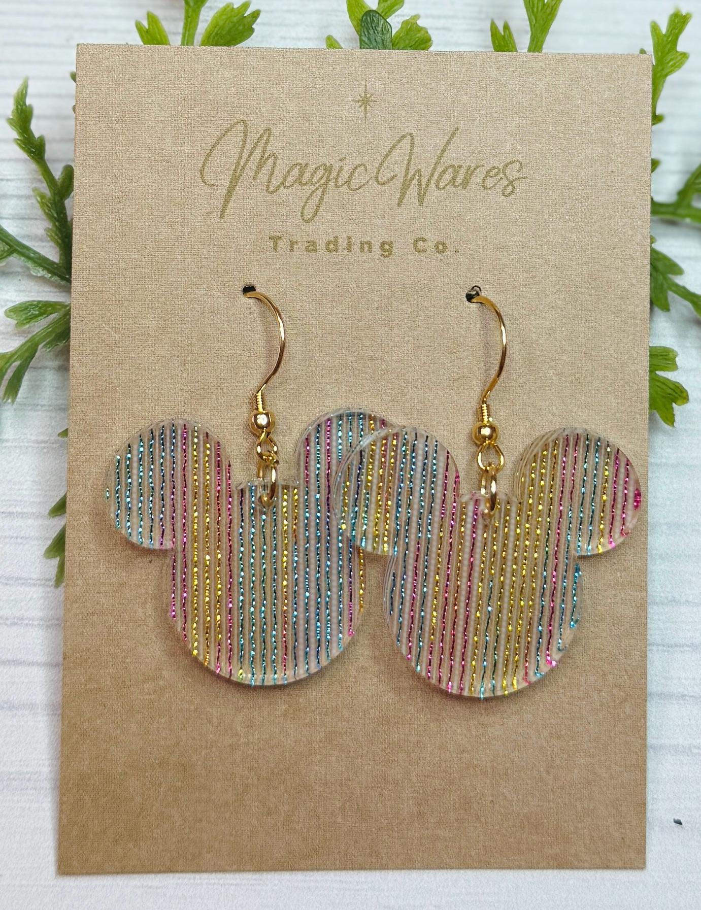 Rainbow Shimmer Mouse head Dangle Earrings, Laser cut Acrylic Earrings, Rainbow earrings, Birthday earrings, Gifts under 20