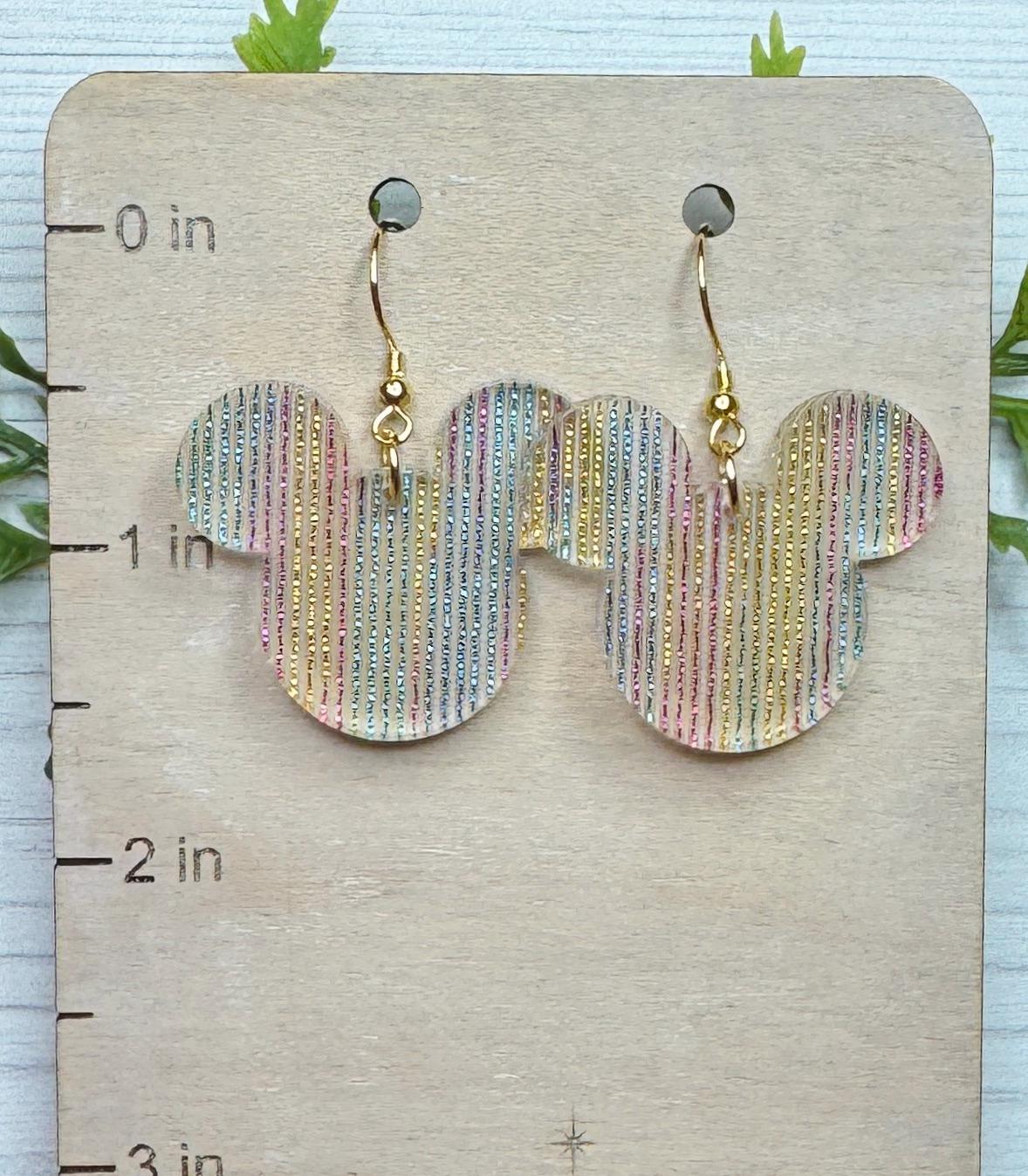 Rainbow Shimmer Mouse head Dangle Earrings, Laser cut Acrylic Earrings, Rainbow earrings, Birthday earrings, Gifts under 20