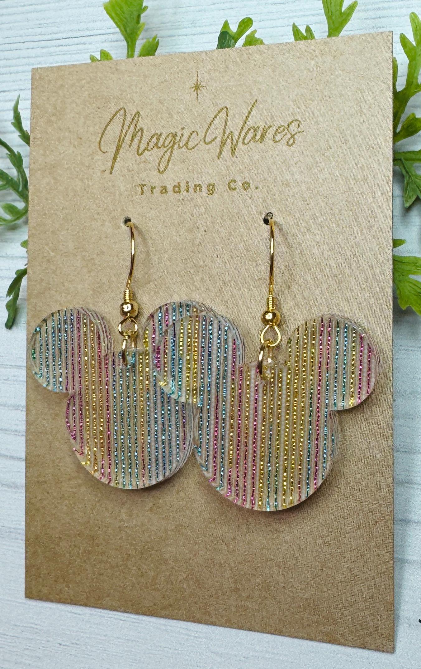 Rainbow Shimmer Mouse head Dangle Earrings, Laser cut Acrylic Earrings, Rainbow earrings, Birthday earrings, Gifts under 20