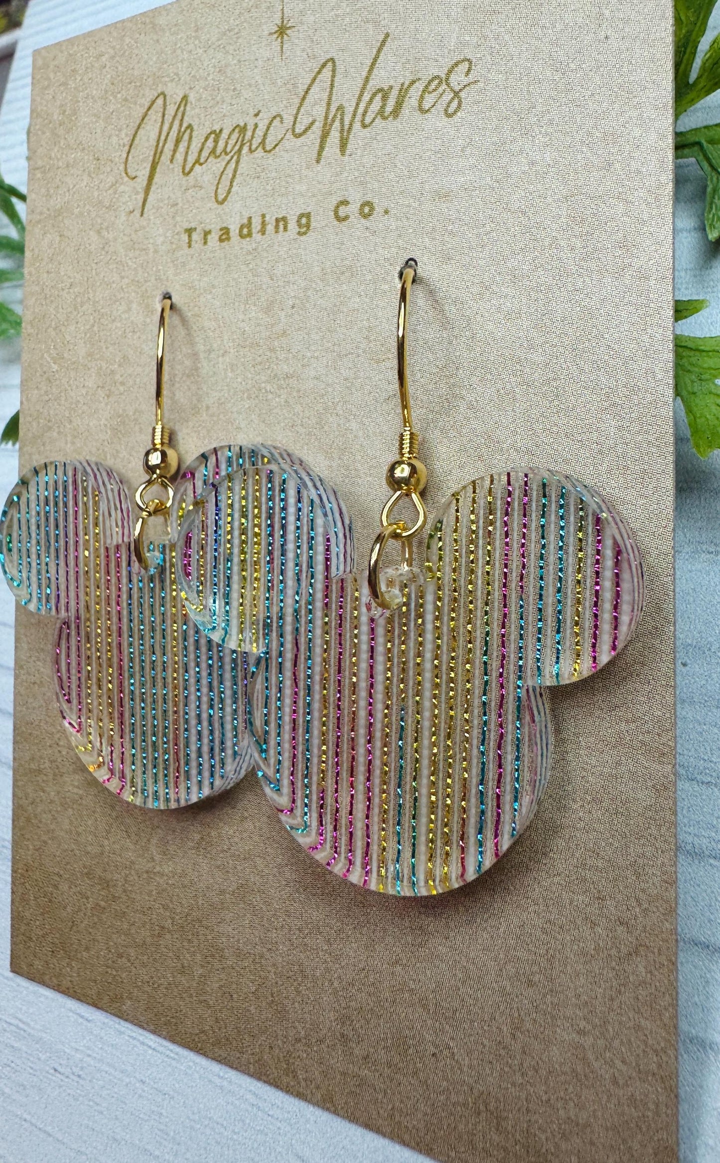 Rainbow Shimmer Mouse head Dangle Earrings, Laser cut Acrylic Earrings, Rainbow earrings, Birthday earrings, Gifts under 20