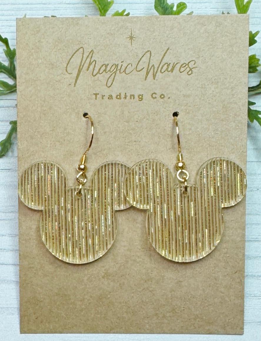 Gold Shimmer Mouse head Dangle Earrings, Laser cut Acrylic Earrings, Gold acrylic earrings, holiday earrings, Gifts under 20