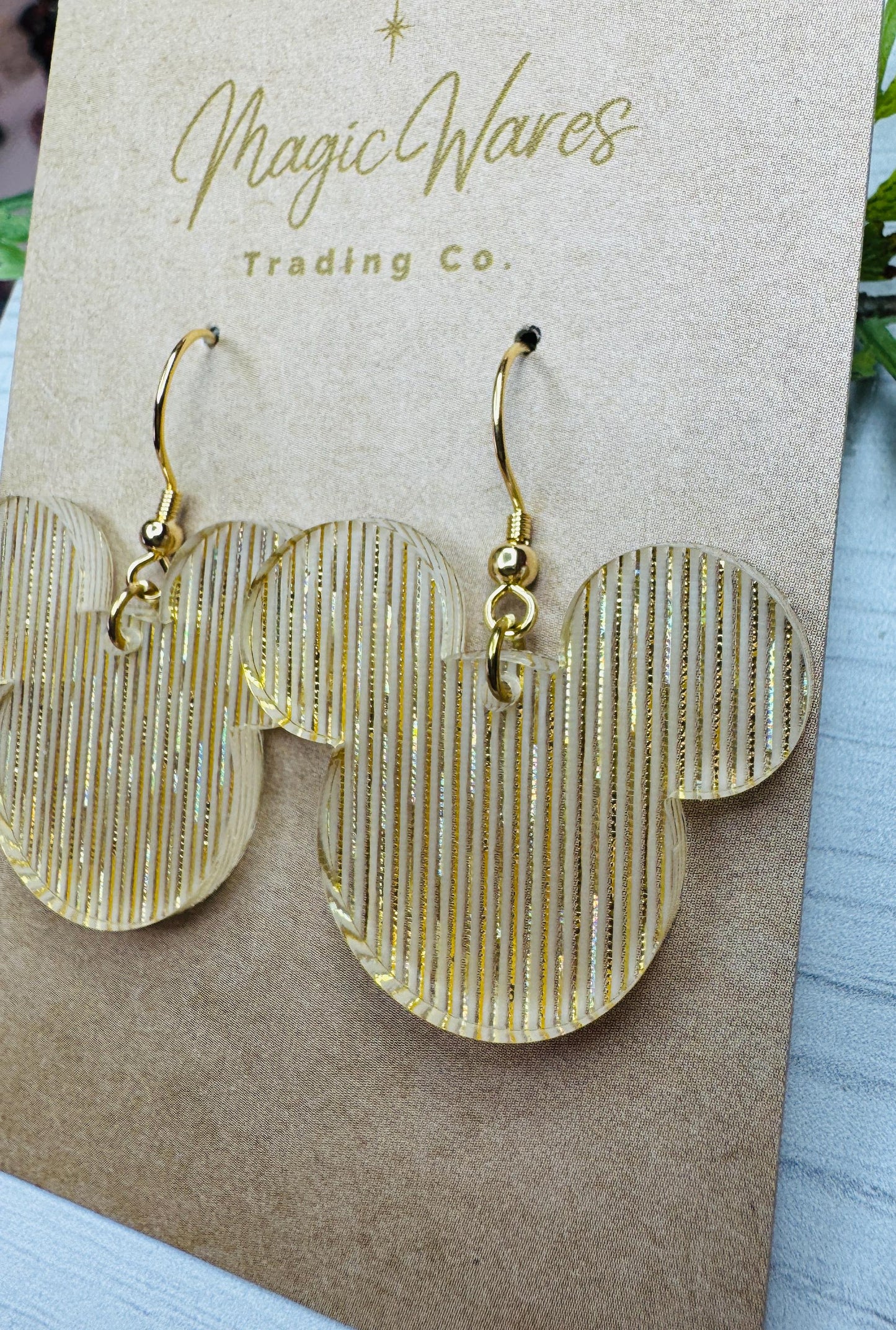 Gold Shimmer Mouse head Dangle Earrings, Laser cut Acrylic Earrings, Gold acrylic earrings, holiday earrings, Gifts under 20