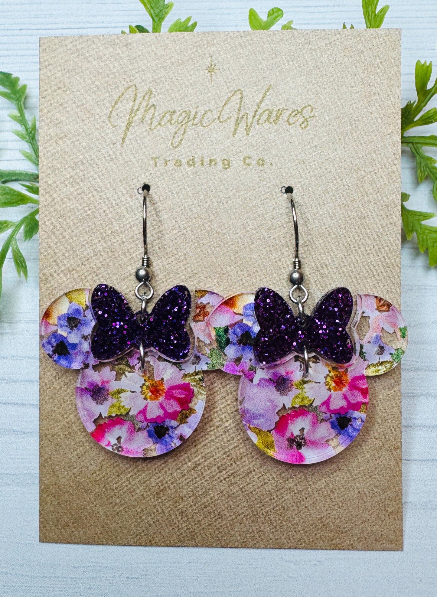 Flower Garden Minnie, Purple Glitter Minnie Bow Dangle, Laser cut Purple Floral Pattern Acrylic Earrings, Spring floral earrings