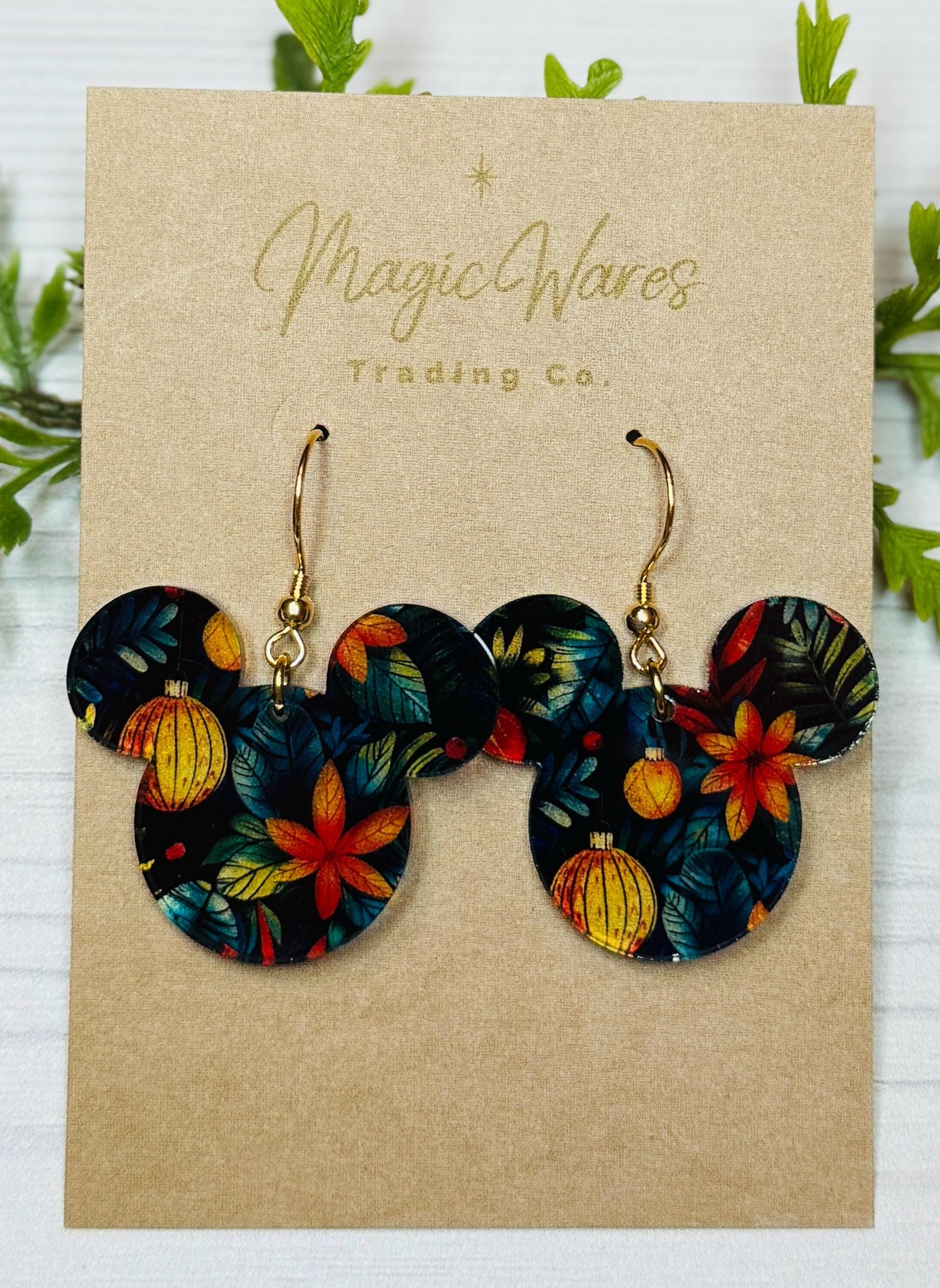 Tropical Holiday Mouse head Dangle Earrings , Laser Cut Translucent patterned Acrylic Earrings, Lightweight Christmas earrings