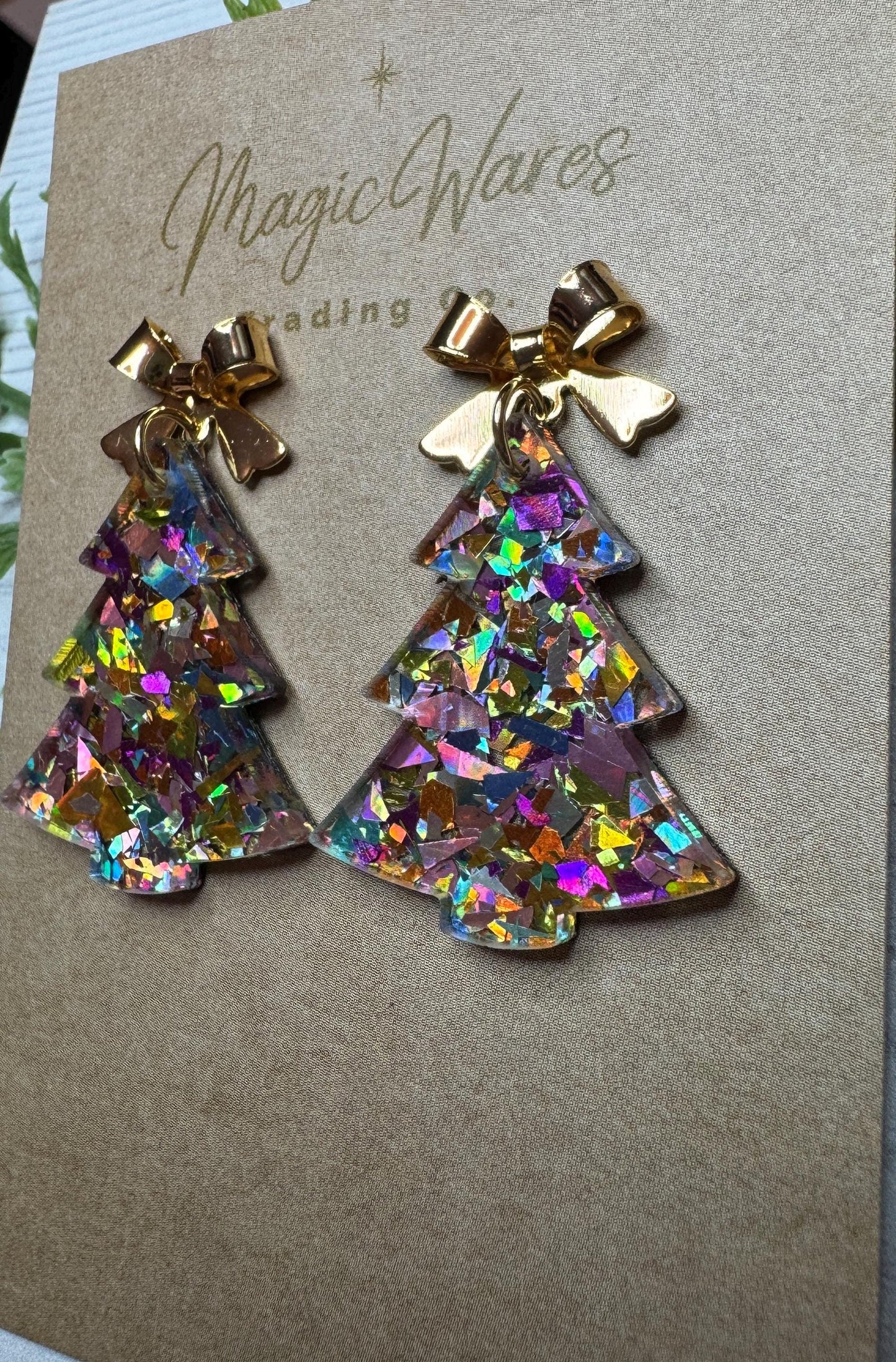 Confetti Flake Glitter Christmas Tree Dangle Post Earring, Laser Cut Confetti Flake Glitter Acrylic Dangle Earrings, Christmas Earrings