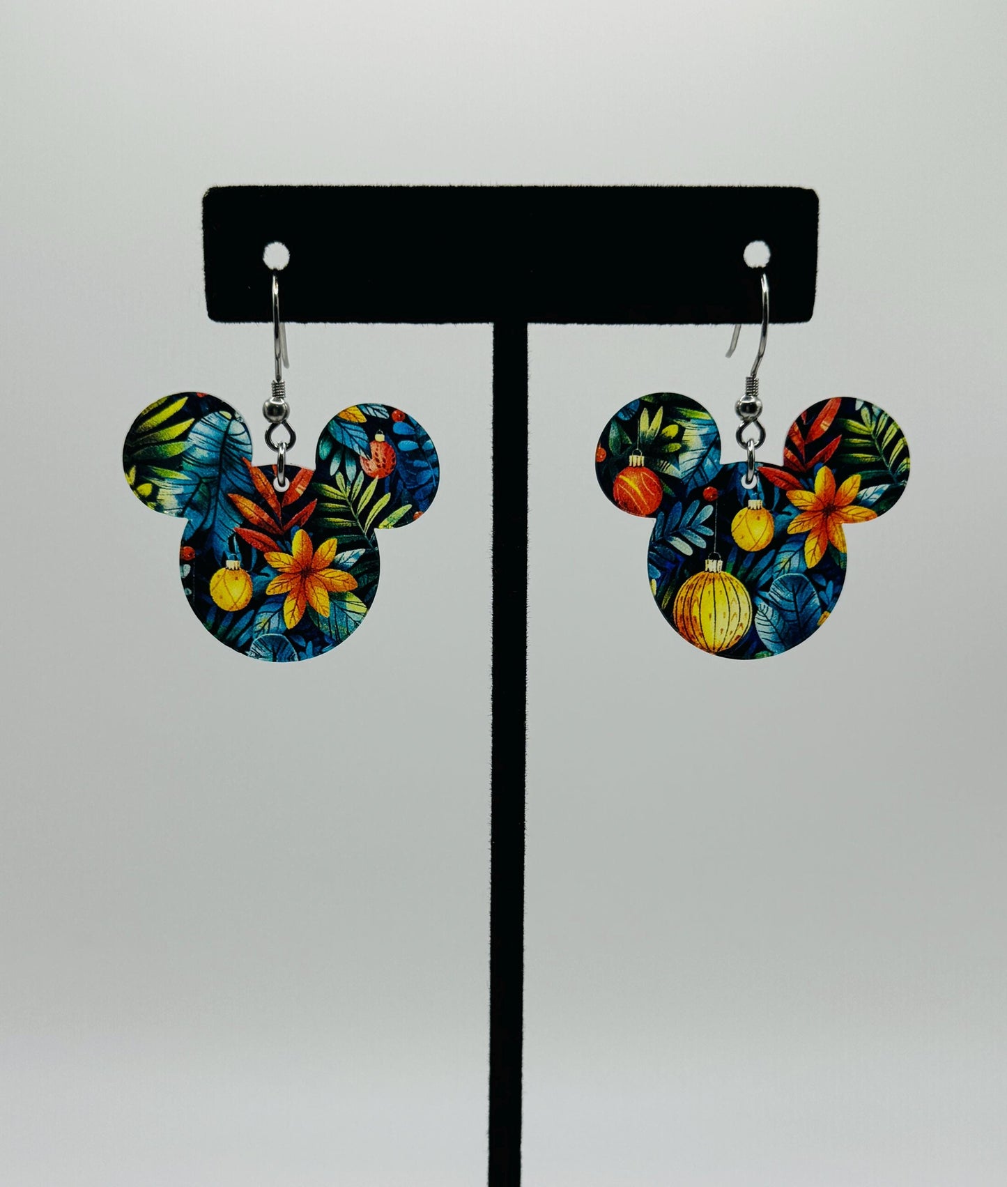 Tropical Holiday Mouse head Dangle Earrings , Laser Cut Translucent patterned Acrylic Earrings, Lightweight Christmas earrings