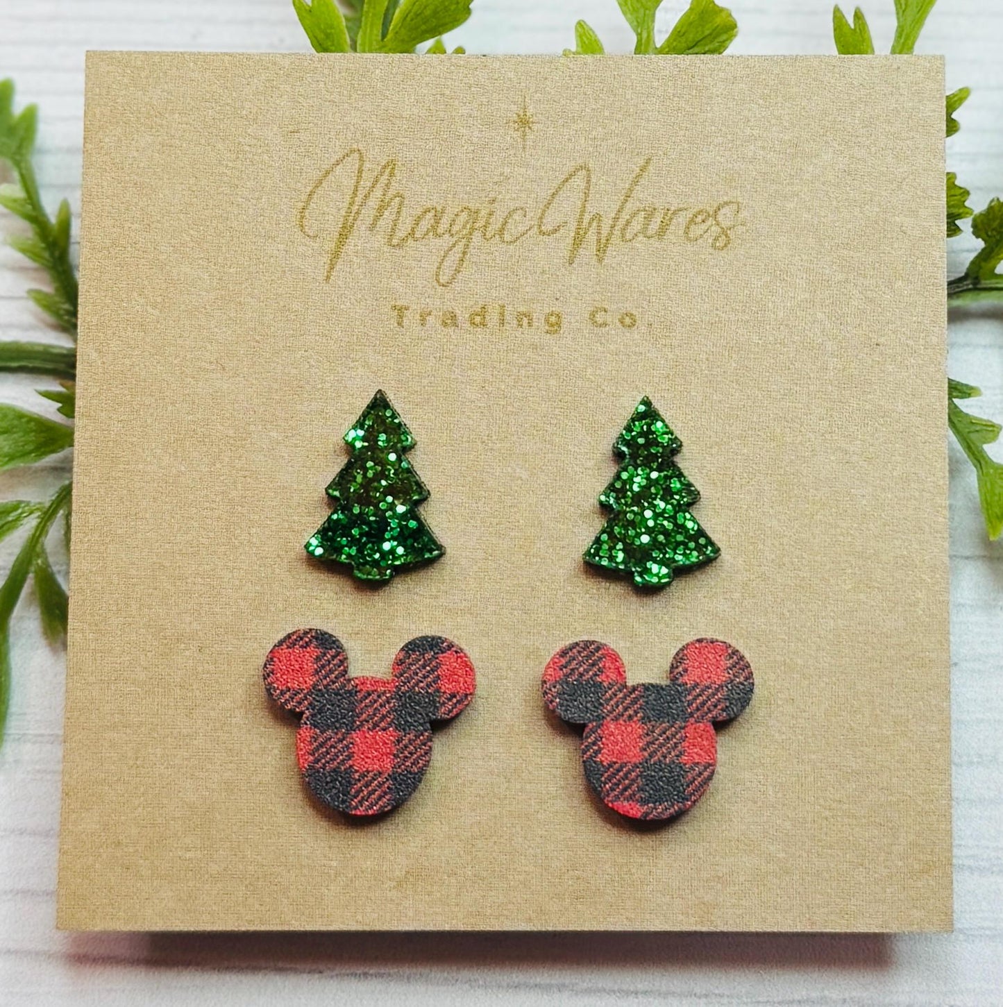 Christmas Buffalo Plaid Combo , Laser Cut Green Glitter Acrylic Tree Stud and Red Buffalo plaid Mickey head stud, Stainless Steel earrings