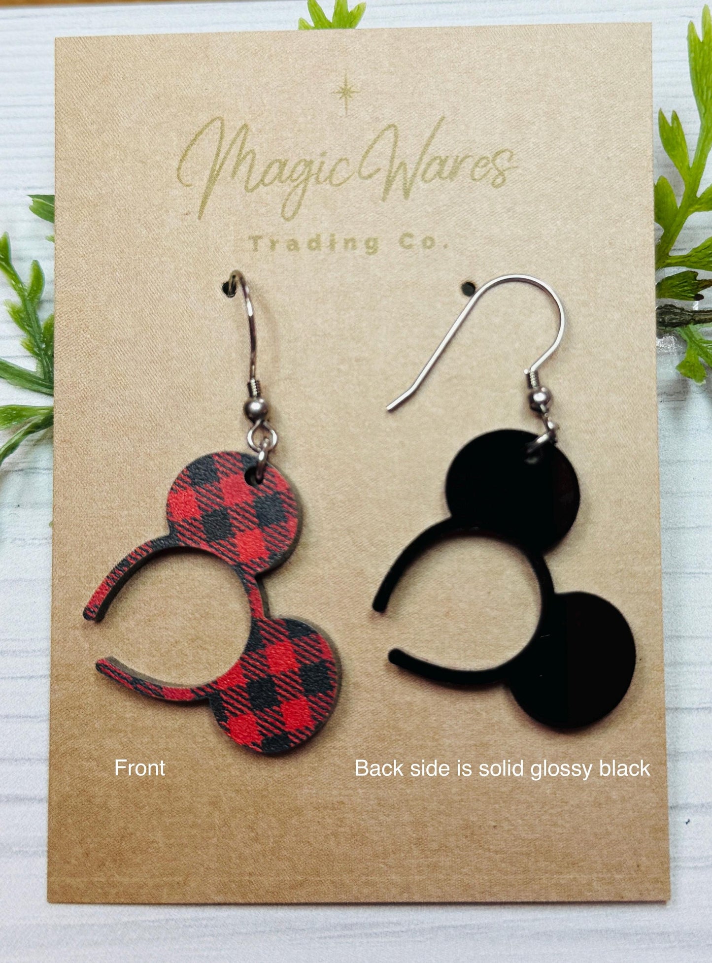 Buffalo Plaid Mouse Ears Headband Dangle Earrings, Laser cut Red Buffalo Plaid Acrylic Earrings, Christmas Dangle Earrings