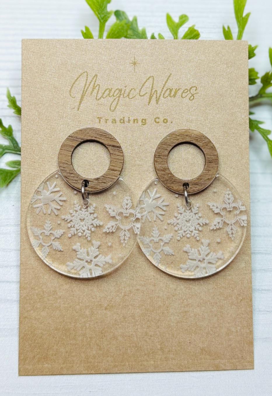 Engraved Hidden Mickey Snowflakes Dangle Earrings, Walnut Wood Post Snowflake Acrylic Earrings, Engraved Snowflake Earrings