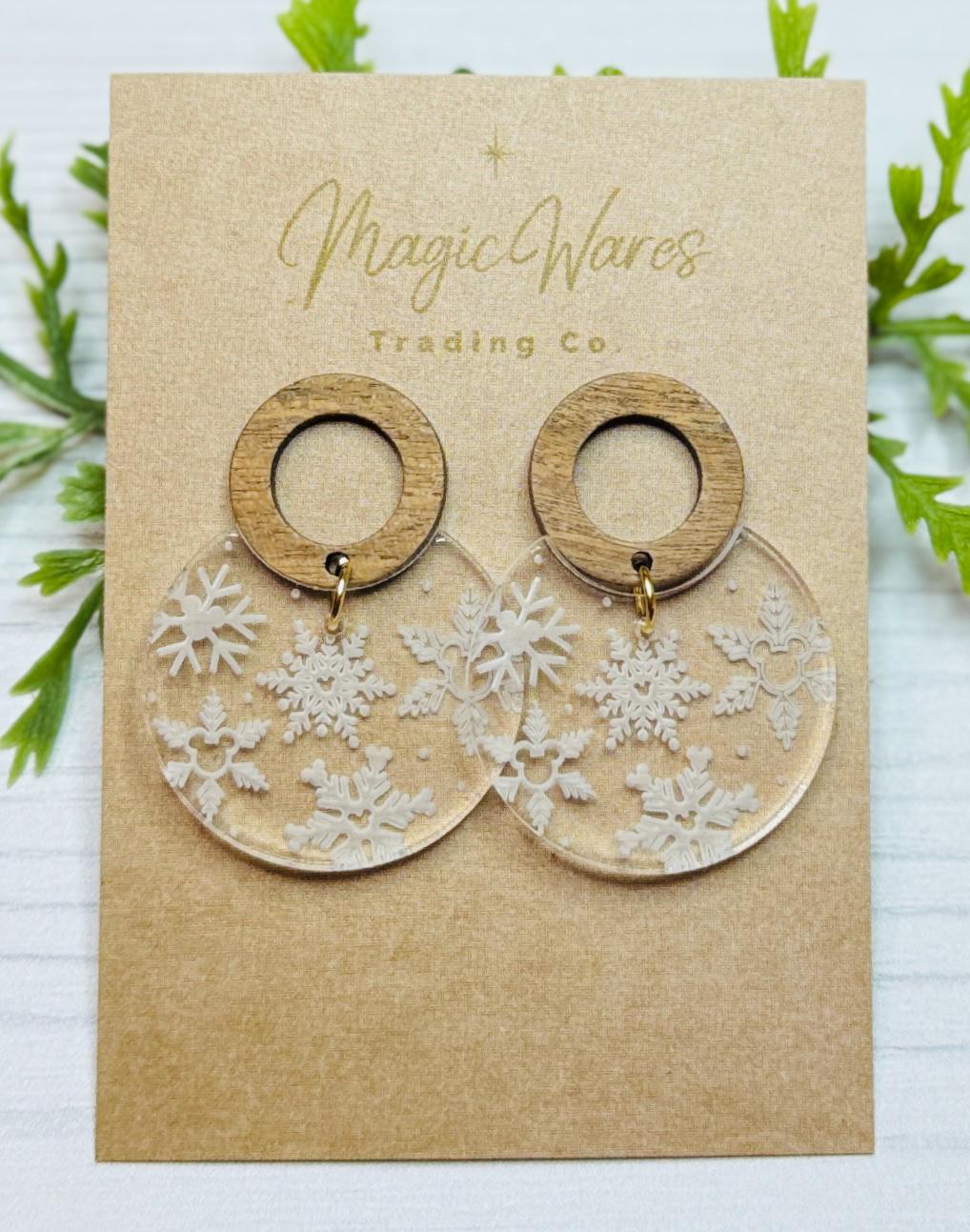 Engraved Hidden Mickey Snowflakes Dangle Earrings, Walnut Wood Post Snowflake Acrylic Earrings, Engraved Snowflake Earrings