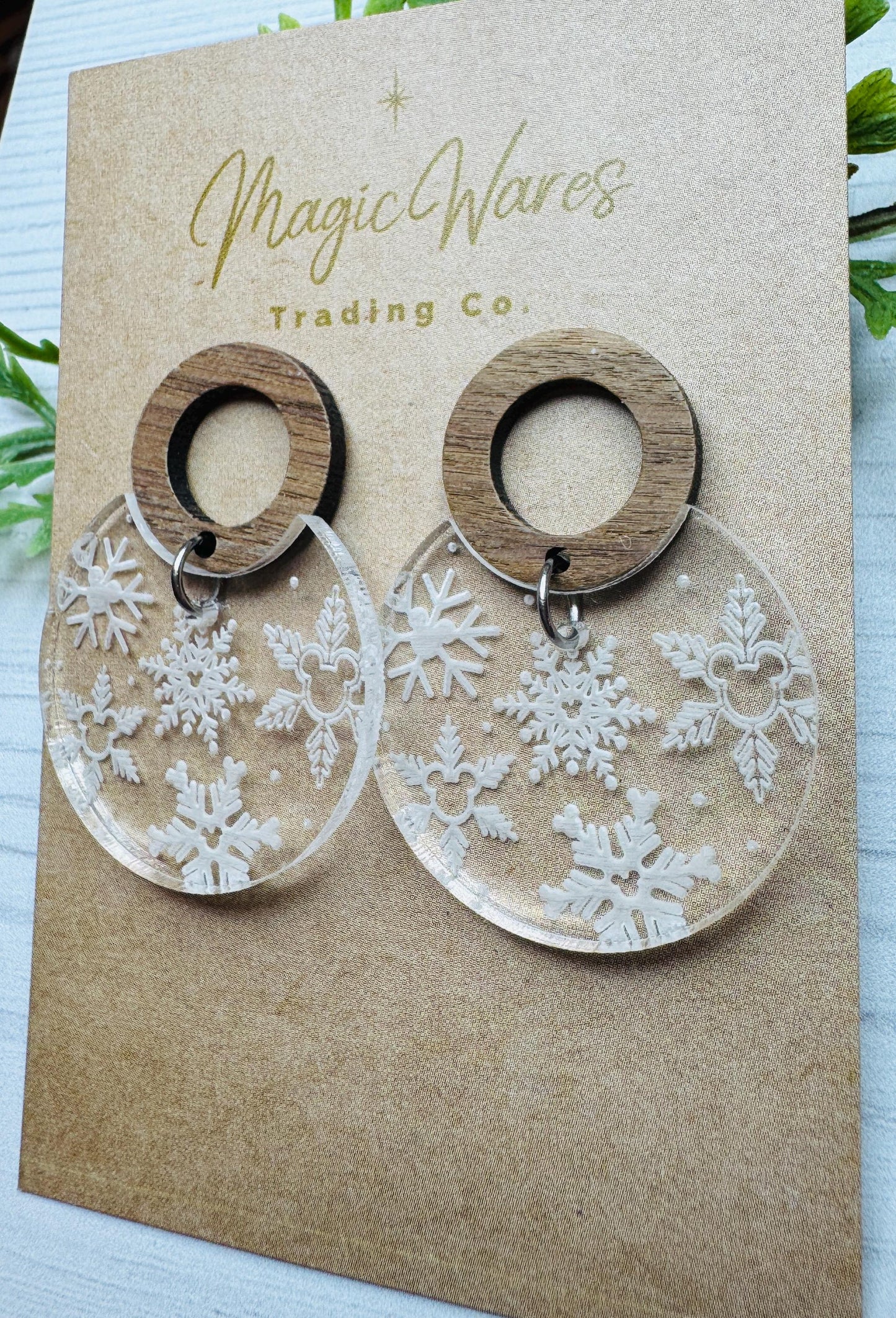 Engraved Hidden Mickey Snowflakes Dangle Earrings, Walnut Wood Post Snowflake Acrylic Earrings, Engraved Snowflake Earrings