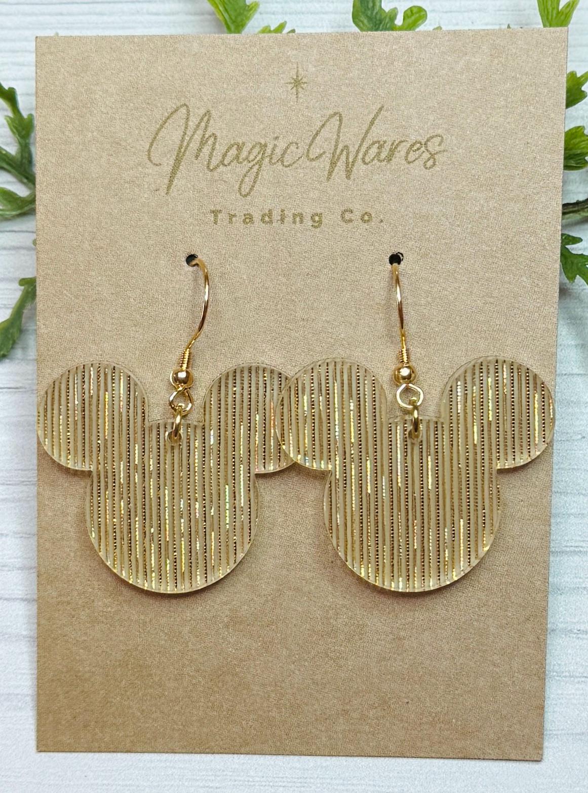 Gold Shimmer Mouse head Dangle Earrings, Laser cut Acrylic Earrings, Gold acrylic earrings, holiday earrings, Gifts under 20