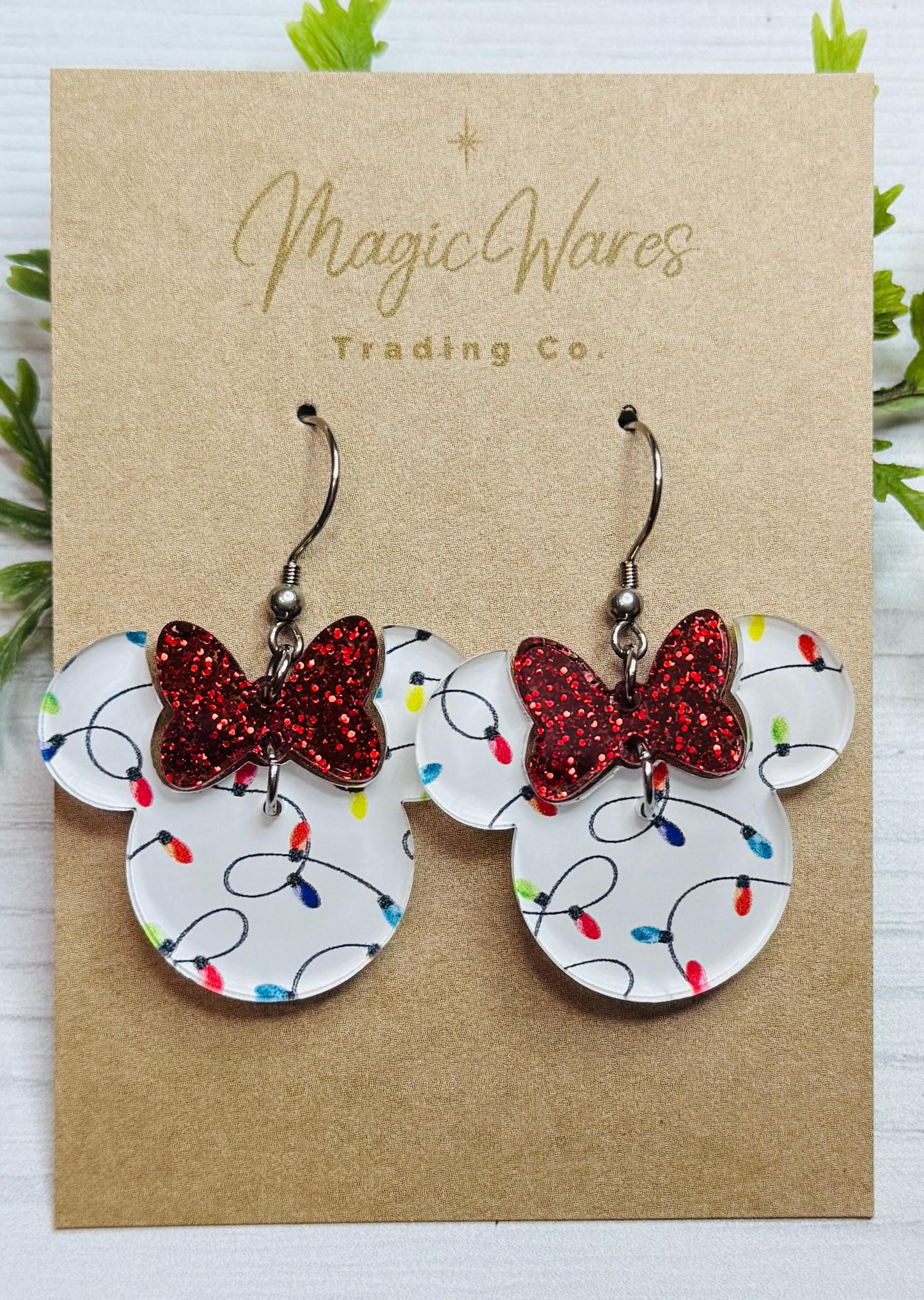 Christmas Lights Minnie Glitter Bow Dangle Earrings, Laser cut Acrylic 2 Part Minnie Dangle earrings, Very Merry Christmas earrings