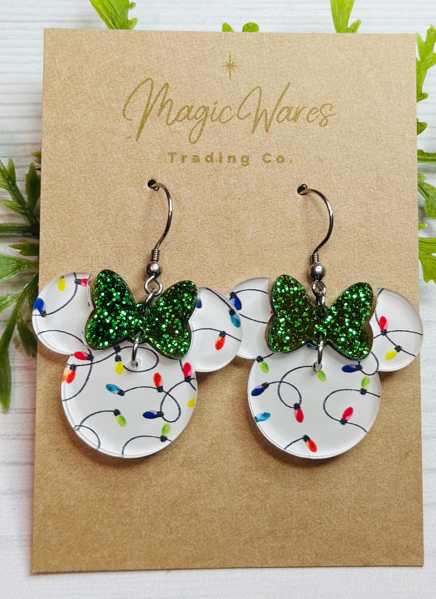 Christmas Lights Minnie Glitter Bow Dangle Earrings, Laser cut Acrylic 2 Part Minnie Dangle earrings, Very Merry Christmas earrings