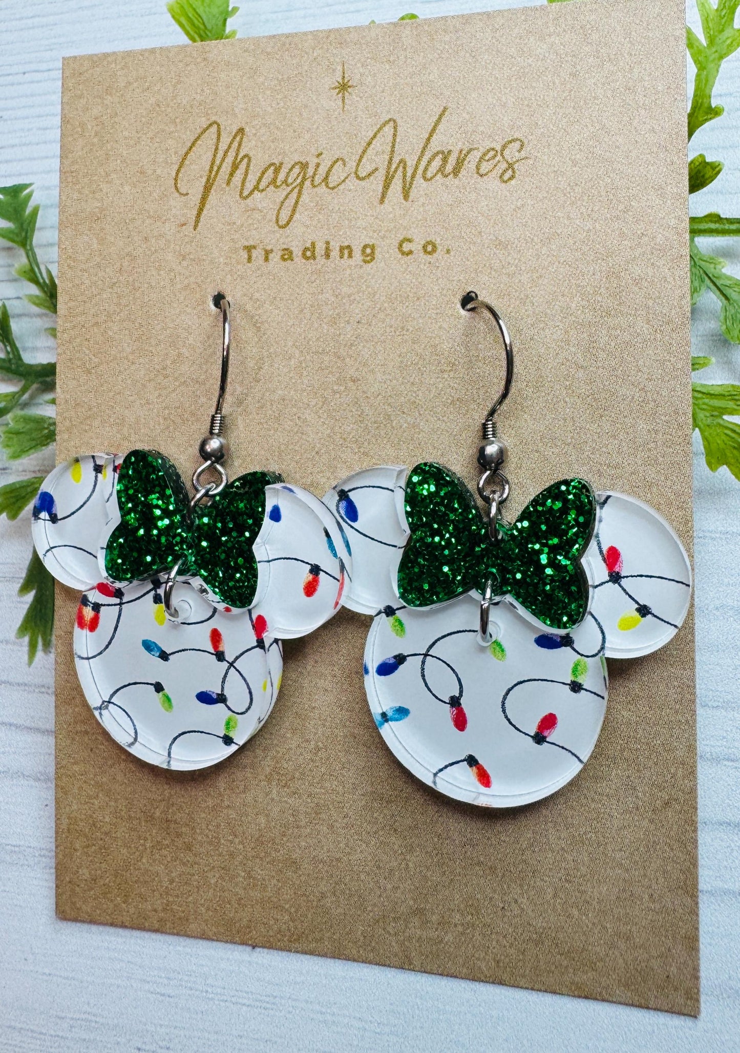 Christmas Lights Minnie Glitter Bow Dangle Earrings, Laser cut Acrylic 2 Part Minnie Dangle earrings, Very Merry Christmas earrings