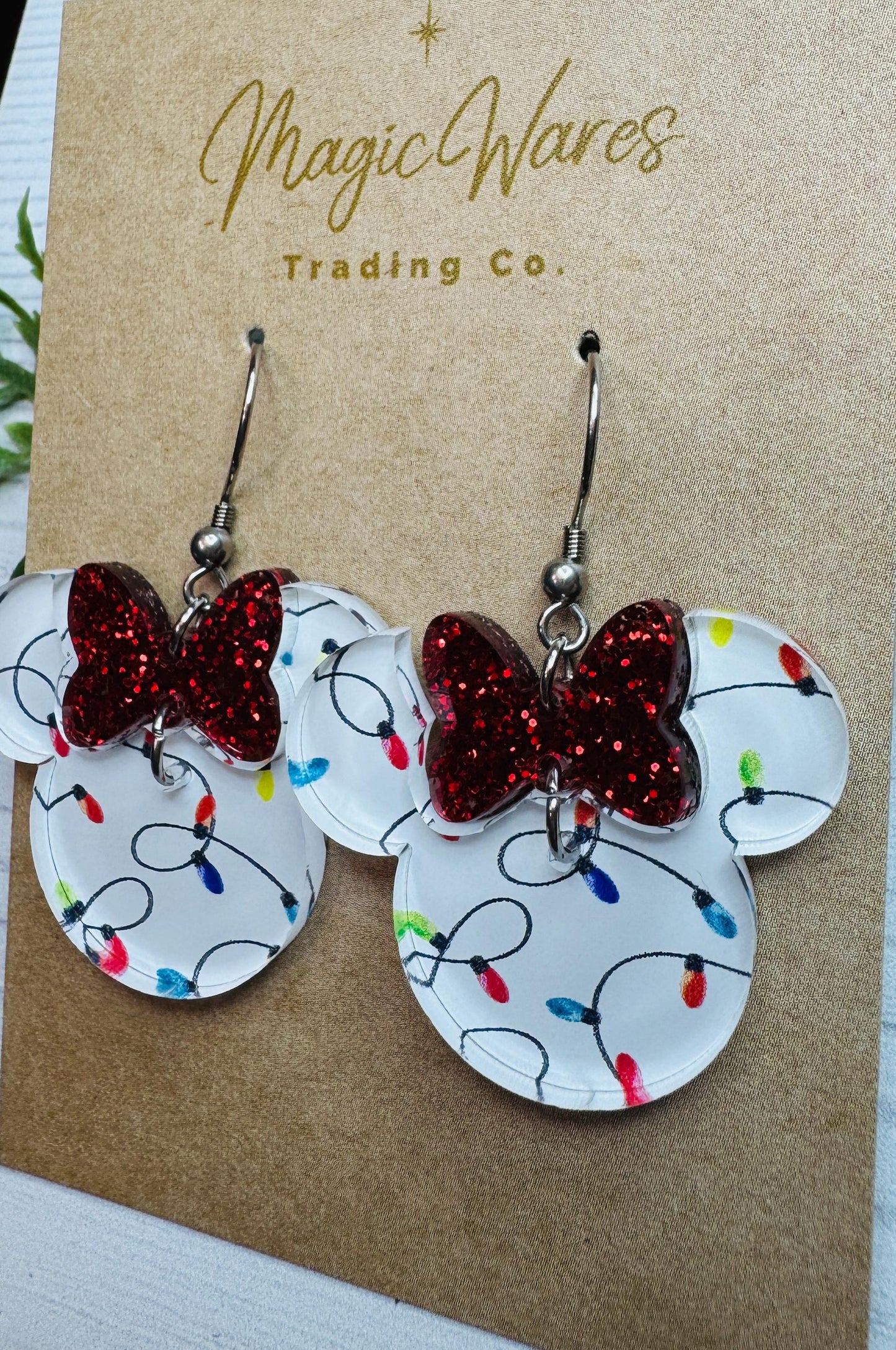 Christmas Lights Minnie Glitter Bow Dangle Earrings, Laser cut Acrylic 2 Part Minnie Dangle earrings, Very Merry Christmas earrings