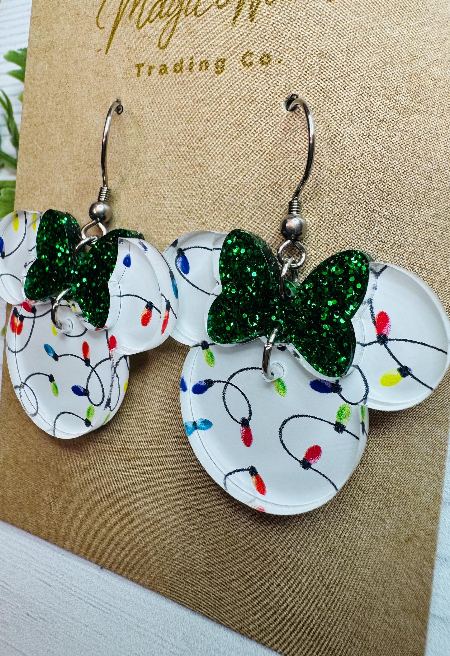 Christmas Lights Minnie Glitter Bow Dangle Earrings, Laser cut Acrylic 2 Part Minnie Dangle earrings, Very Merry Christmas earrings
