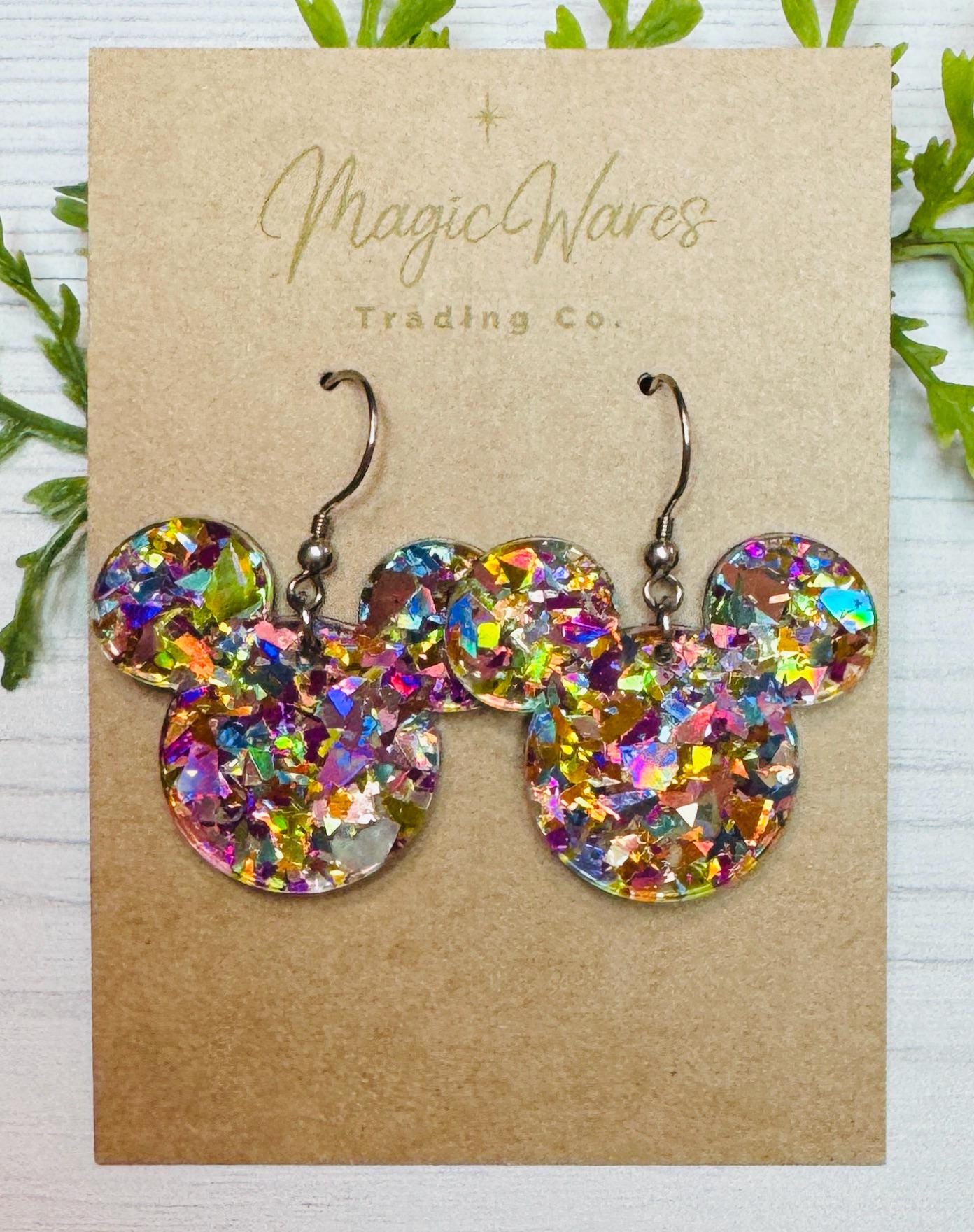 Flake Confetti Glitter Mouse head Dangle Earrings, Laser cut Multi color Flake Glitter Acrylic Earrings, Sparkly glitter earrings
