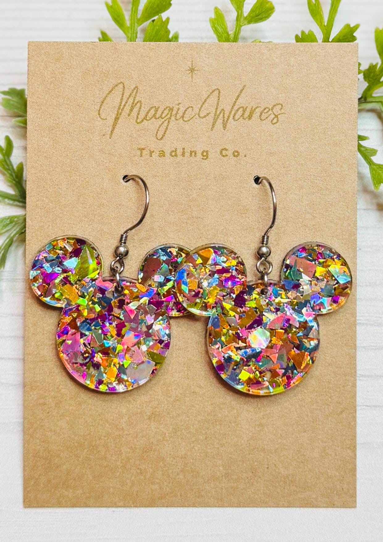 Flake Confetti Glitter Mouse head Dangle Earrings, Laser cut Multi color Flake Glitter Acrylic Earrings, Sparkly glitter earrings