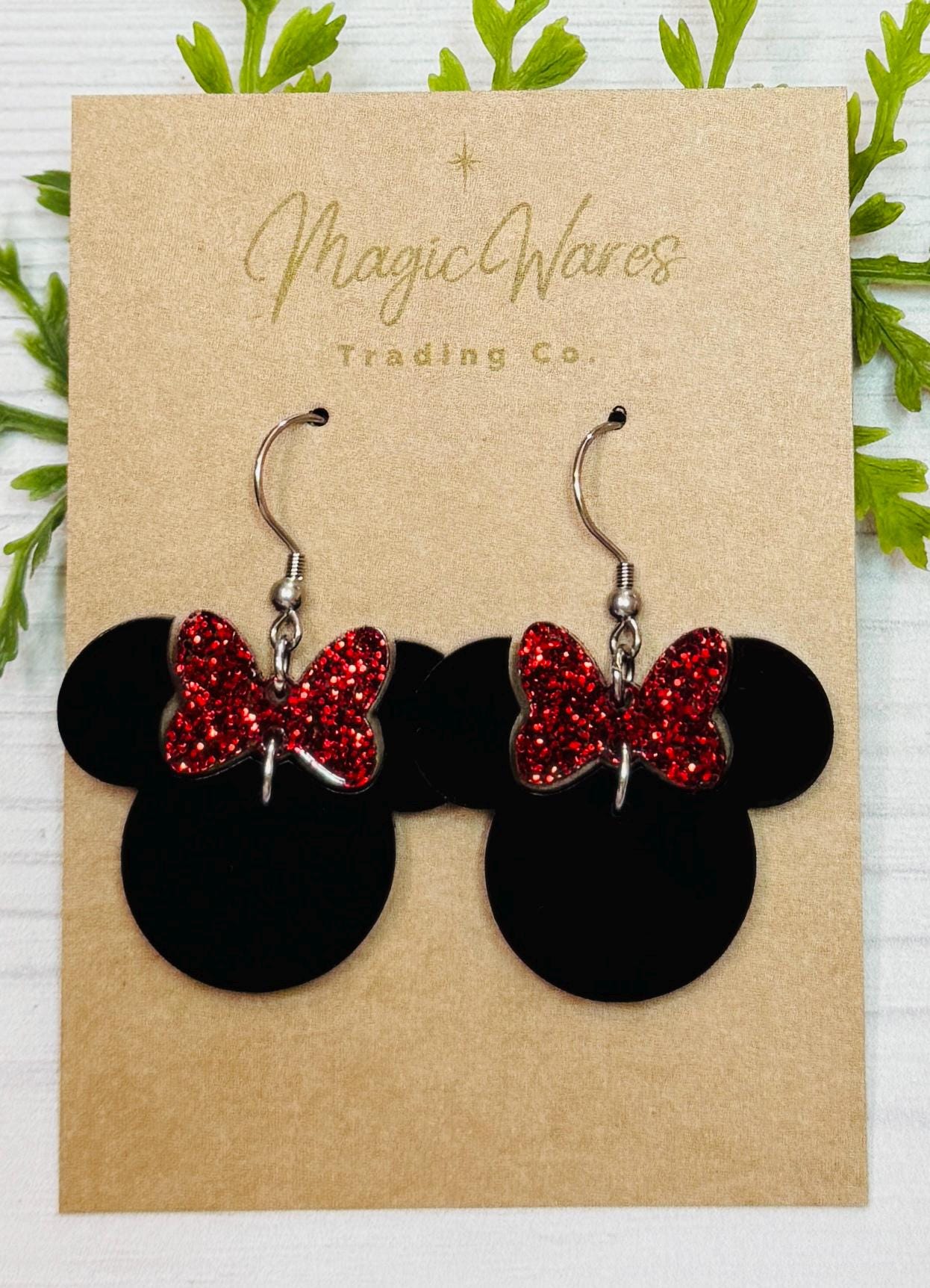Red Glitter Minnie Bow Dangle Earrings, Red Glitter Bow Dangle, Laser cut Black Acrylic Earrings, handmade earrings