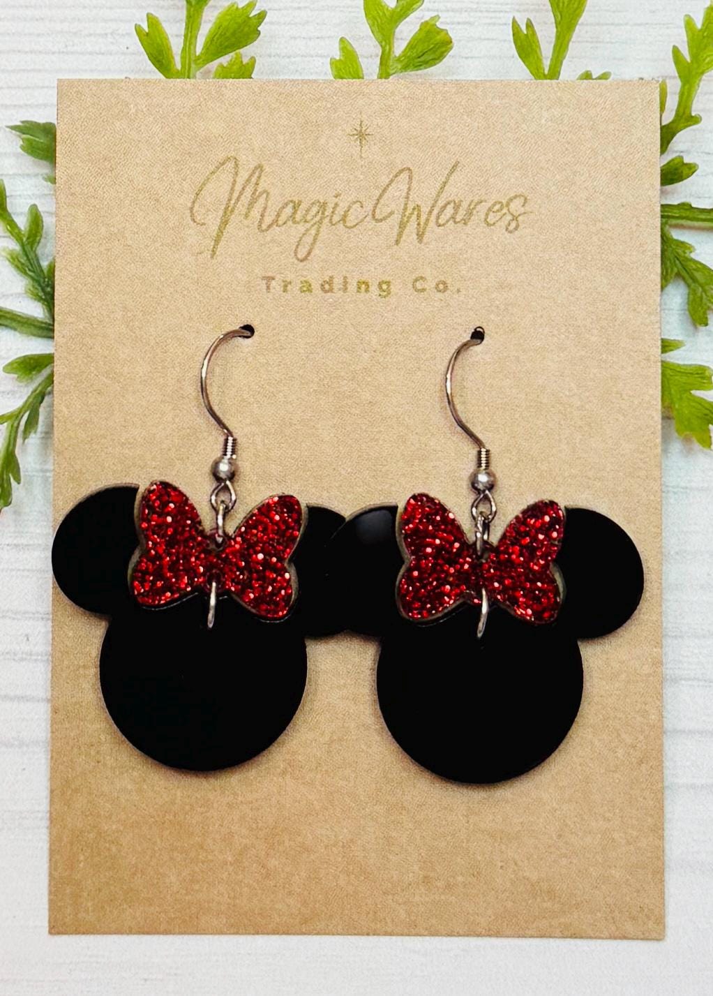 Red Glitter Minnie Bow Dangle Earrings, Red Glitter Bow Dangle, Laser cut Black Acrylic Earrings, handmade earrings
