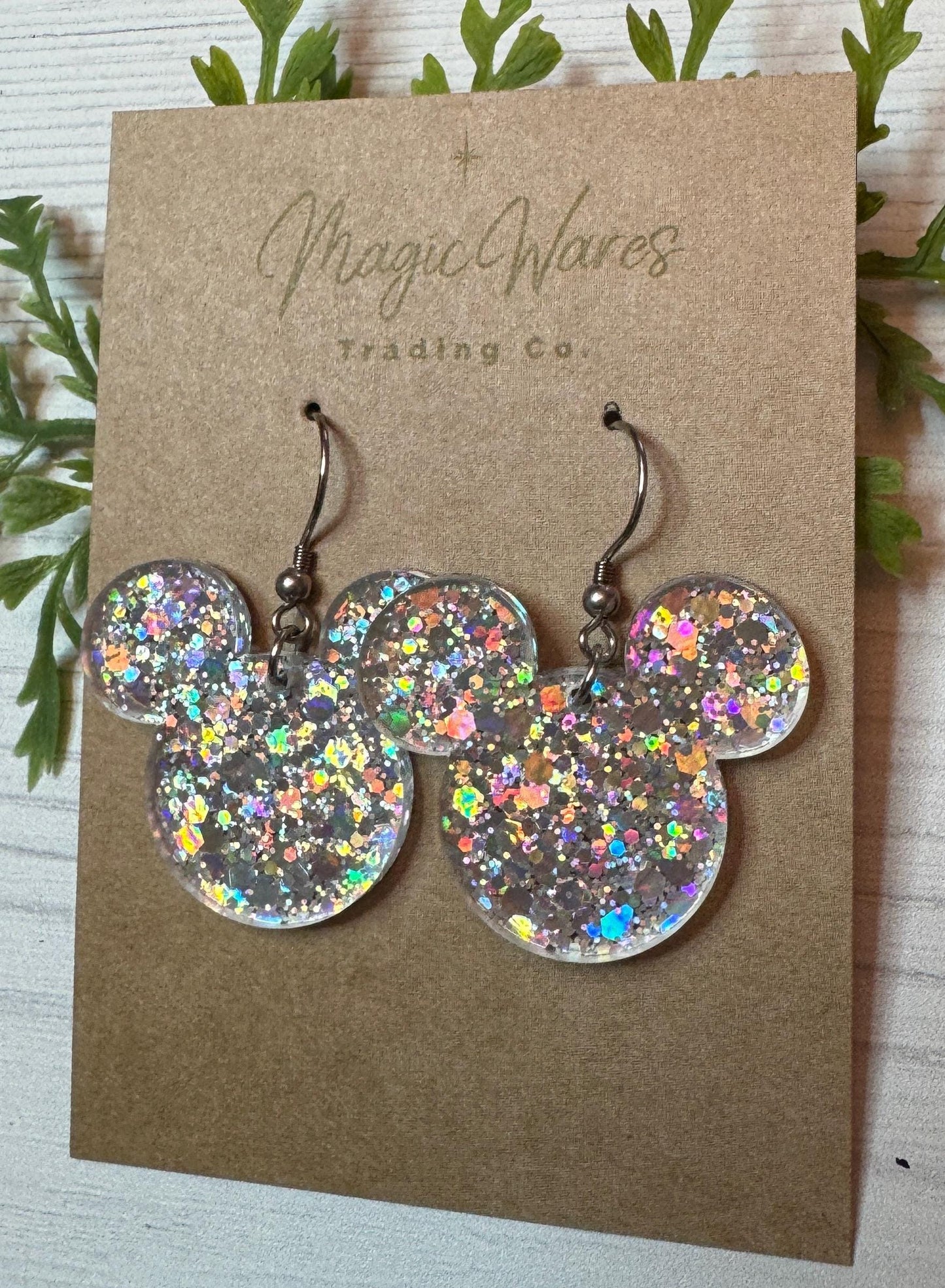 Silver Holographic Chunky Glitter Mouse head Dangle Earrings, Laser cut Silver Holographic Glitter Acrylic, Sparkly glitter earrings