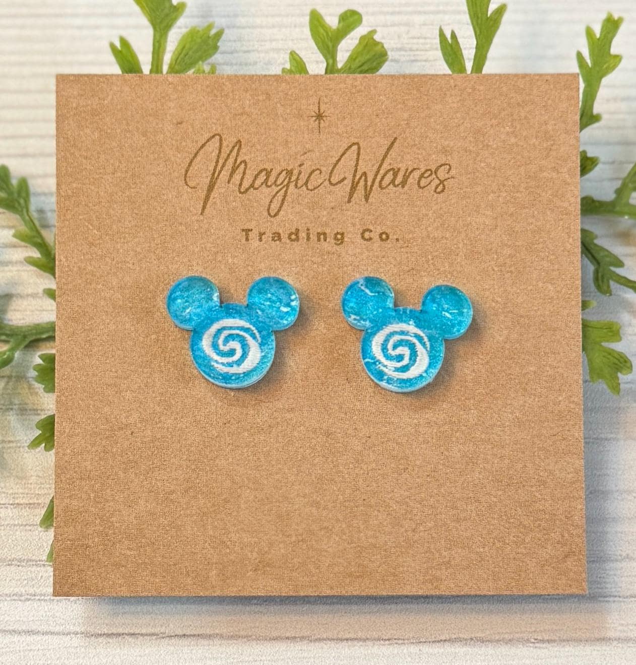 Ocean Princess Stud Earrings, Moana inspired Ocean Blue crystal acrylic, engraved Heart of TeFiti post earrings