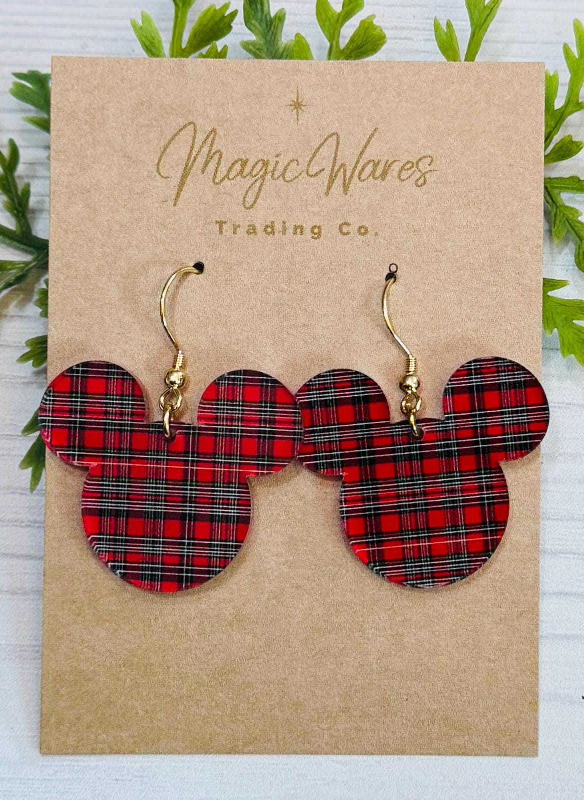 Tartan Plaid Mouse head Laser Cut Dangle Earrings, Plaid patterned Crystal Acrylic Earrings, Christmas Earrings Very Merry Christmas Party