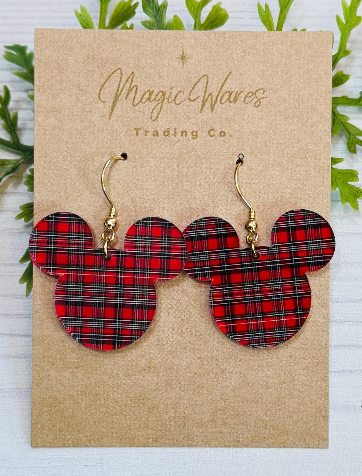 Tartan Plaid Mouse head Laser Cut Dangle Earrings, Plaid patterned Crystal Acrylic Earrings, Christmas Earrings Very Merry Christmas Party