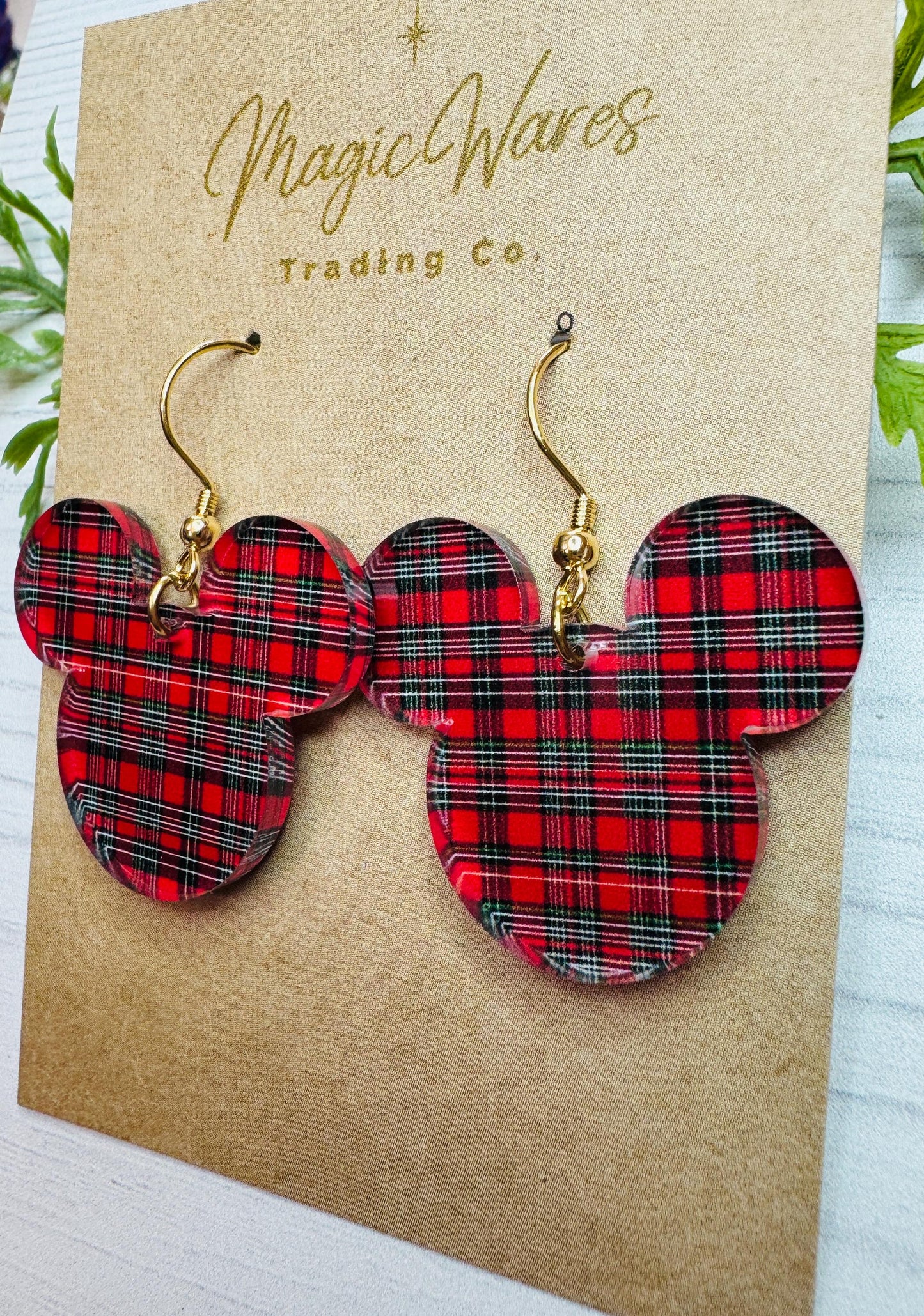 Tartan Plaid Mouse head Laser Cut Dangle Earrings, Plaid patterned Crystal Acrylic Earrings, Christmas Earrings Very Merry Christmas Party
