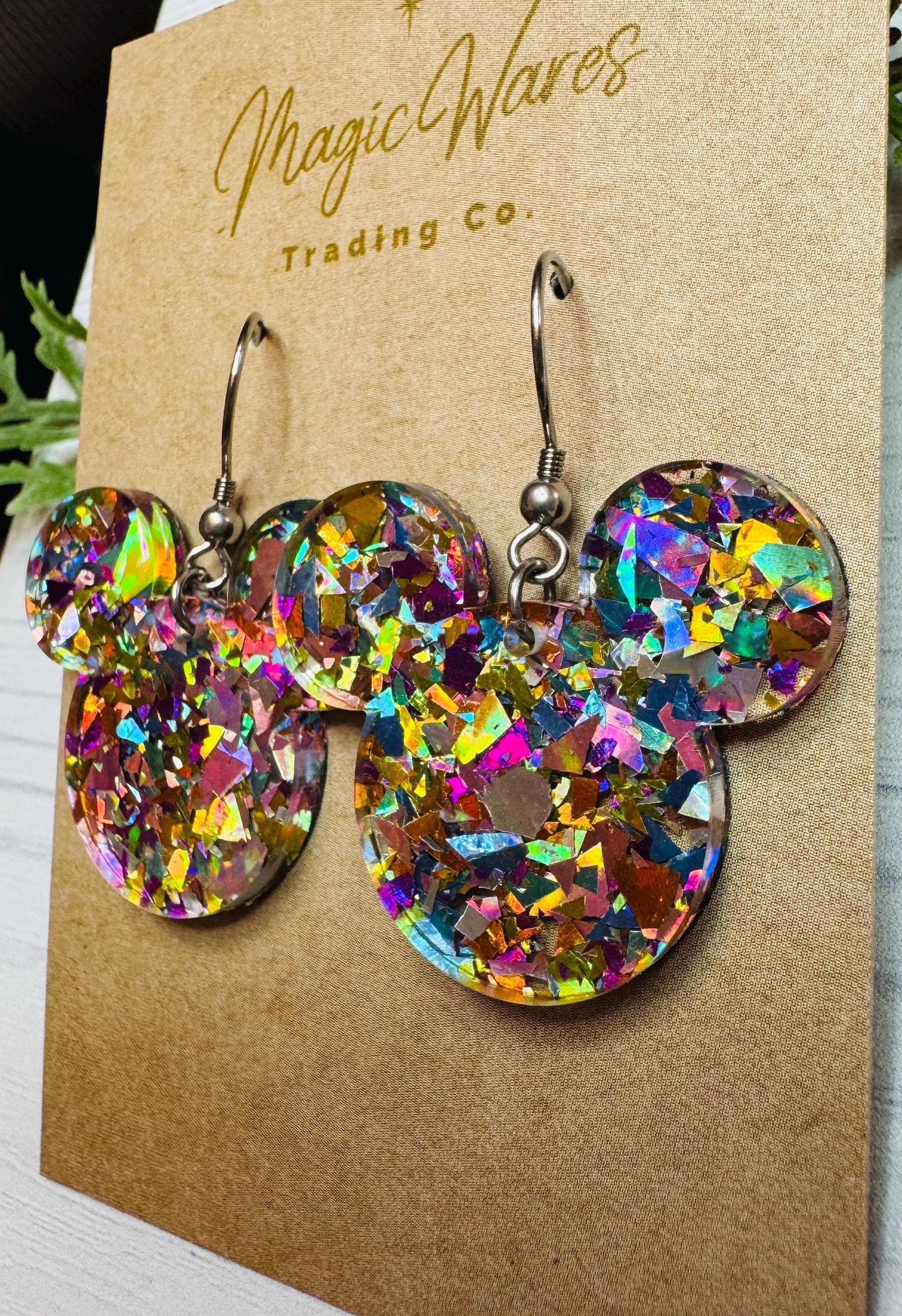 Flake Confetti Glitter Mouse head Dangle Earrings, Laser cut Multi color Flake Glitter Acrylic Earrings, Sparkly glitter earrings