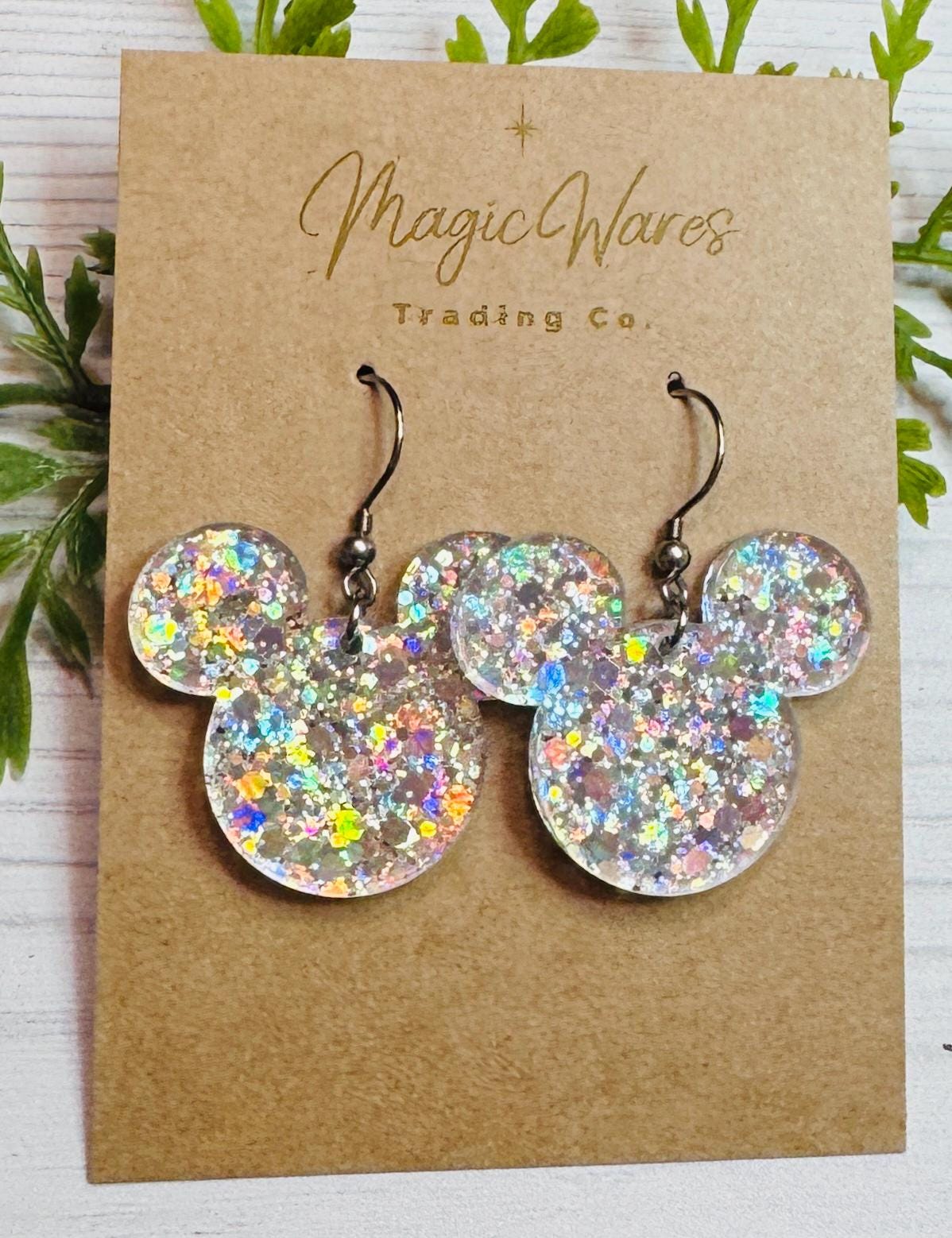 Silver Holographic Chunky Glitter Mouse head Dangle Earrings, Laser cut Silver Holographic Glitter Acrylic, Sparkly glitter earrings