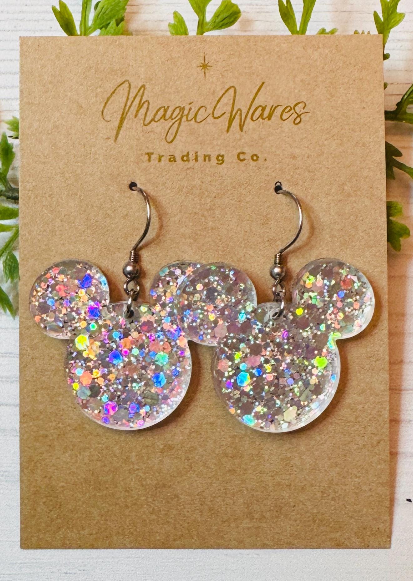 Silver Holographic Chunky Glitter Mouse head Dangle Earrings, Laser cut Silver Holographic Glitter Acrylic, Sparkly glitter earrings
