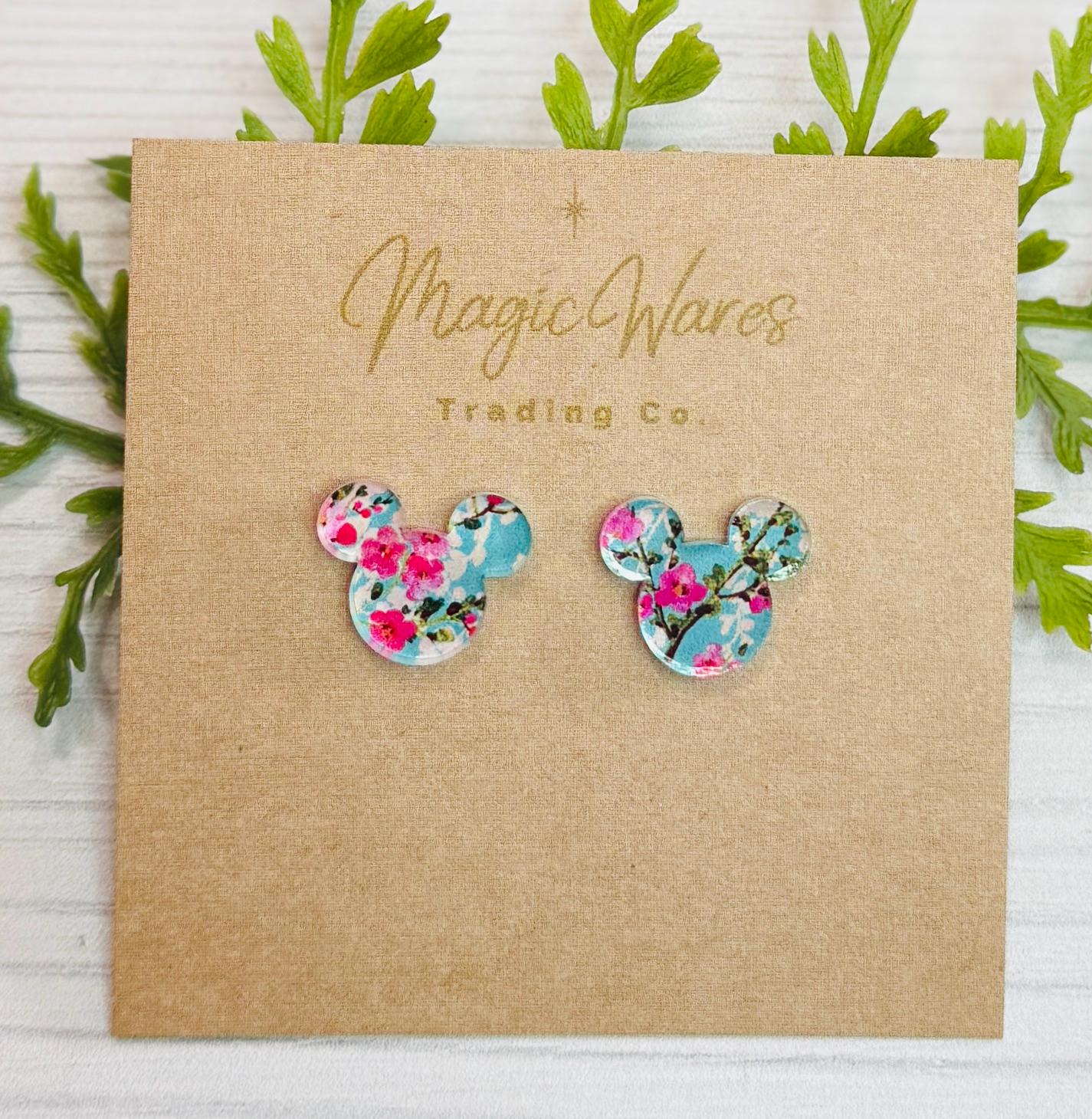 Cherry Blossom Stud, Blue with Cherry Blossom pattern acrylic, Laser cut Earrings, Made to order, Cherry Blossom Earrings, Spring Floral