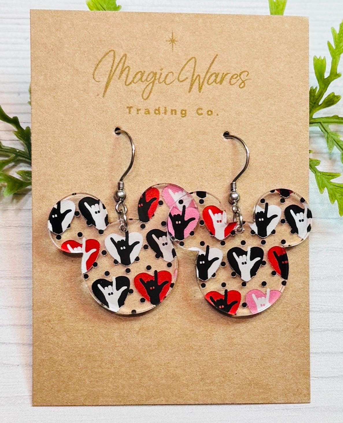 Love Signs Mouse head Dangle Earrings, Laser cut Crystal Acrylic Dangle Earrings, Valentines earrings