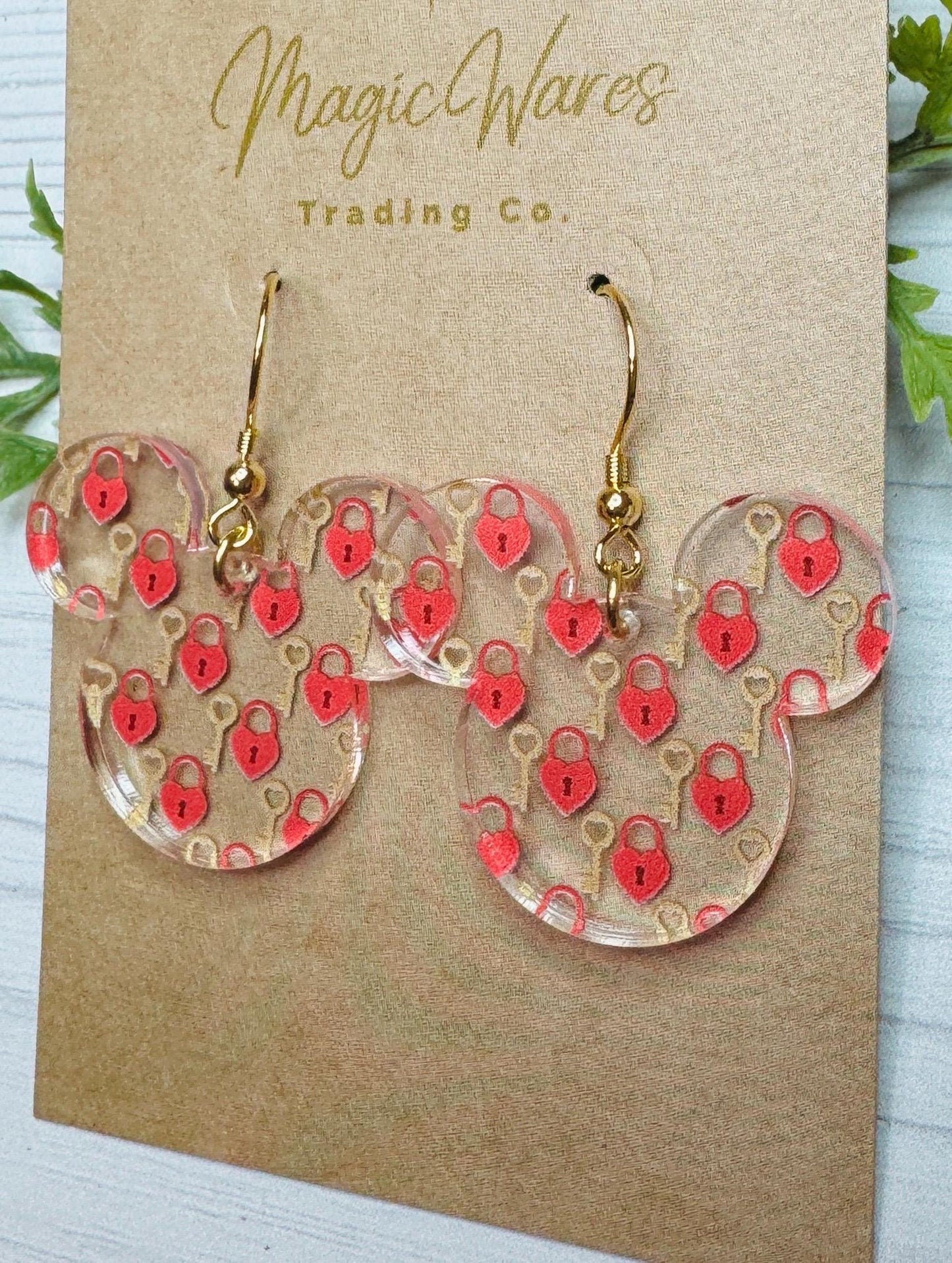 Key to my Heart Mouse head Dangle, Laser cut Heart and Key Patterned Crystal Acrylic Dangle Earrings, Valentines earrings