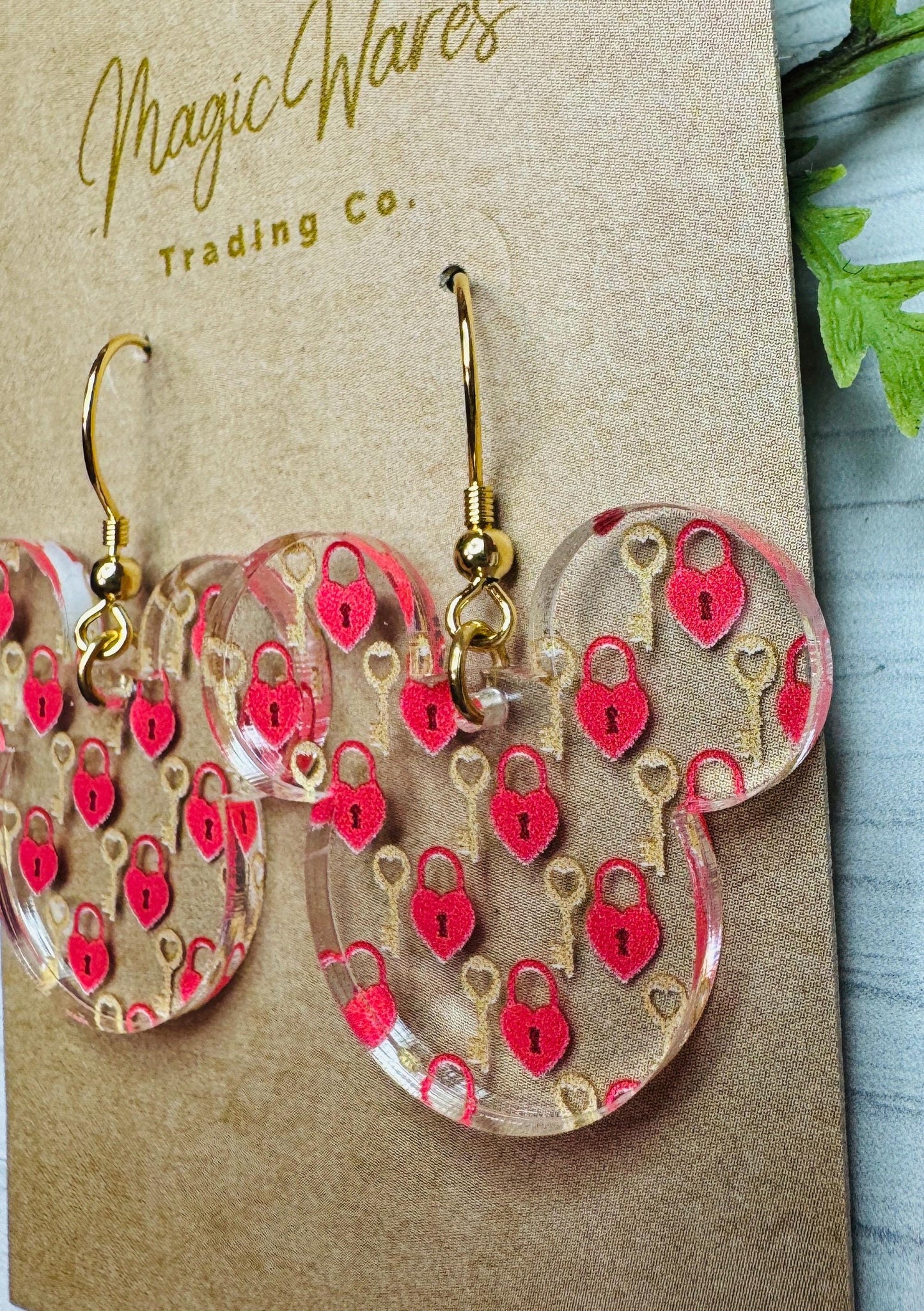 Key to my Heart Mouse head Dangle, Laser cut Heart and Key Patterned Crystal Acrylic Dangle Earrings, Valentines earrings