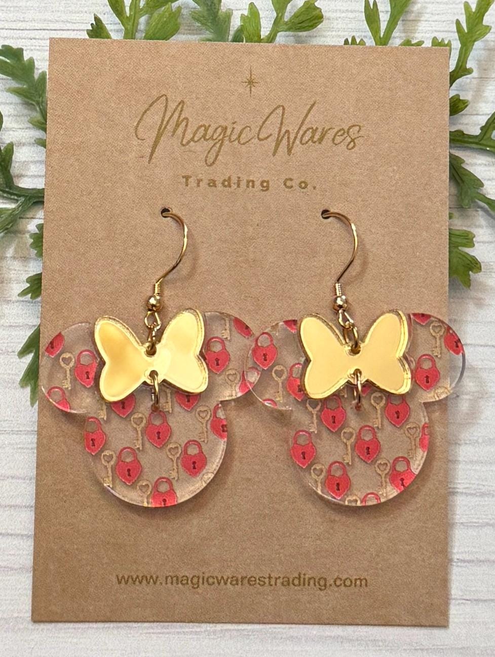 Key to my Heart Minnie, Gold Mirror Acrylic Minnie Bow Dangle Earrings, Heart Lock and Key Pattern Acrylic Earrings, Valentines Day Earrings