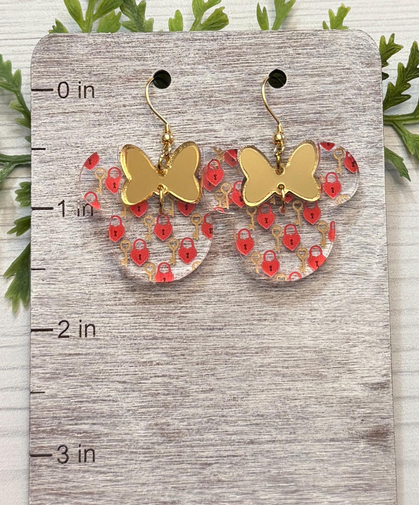 Key to my Heart Minnie, Gold Mirror Acrylic Minnie Bow Dangle Earrings, Heart Lock and Key Pattern Acrylic Earrings, Valentines Day Earrings