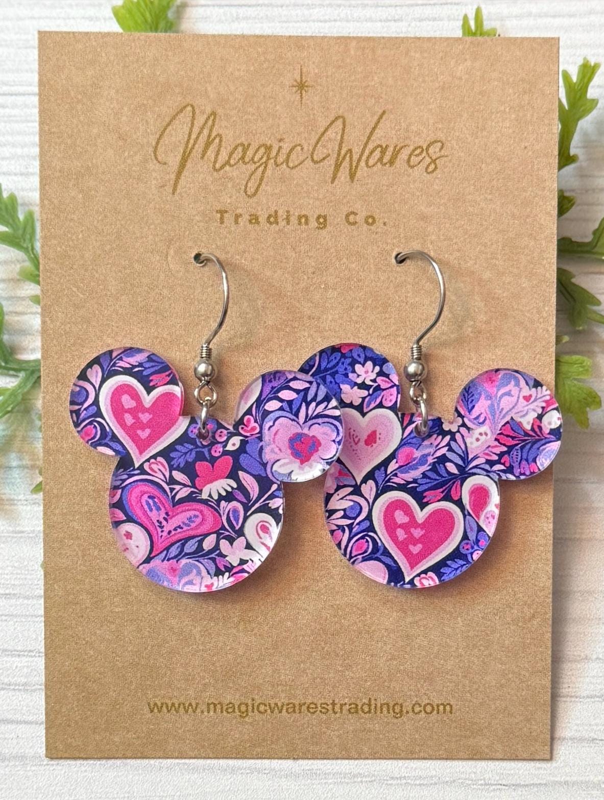 Purple Hearts Valentine Mouse head Laser cut Dangle Earrings, Purple and Pink Hearts Patterned Crystal Acrylic, Valentines Day Earrings