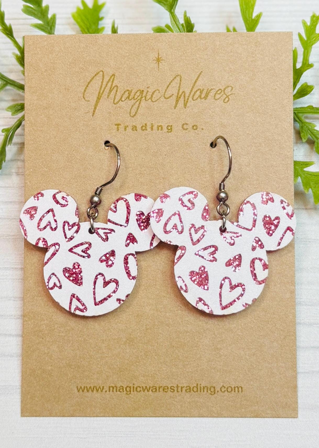 Pink Glitter and White Hearts Mouse head Laser cut Dangle Earrings, Pink Glitter Acrylic with white hearts, Valentines Day Earrings