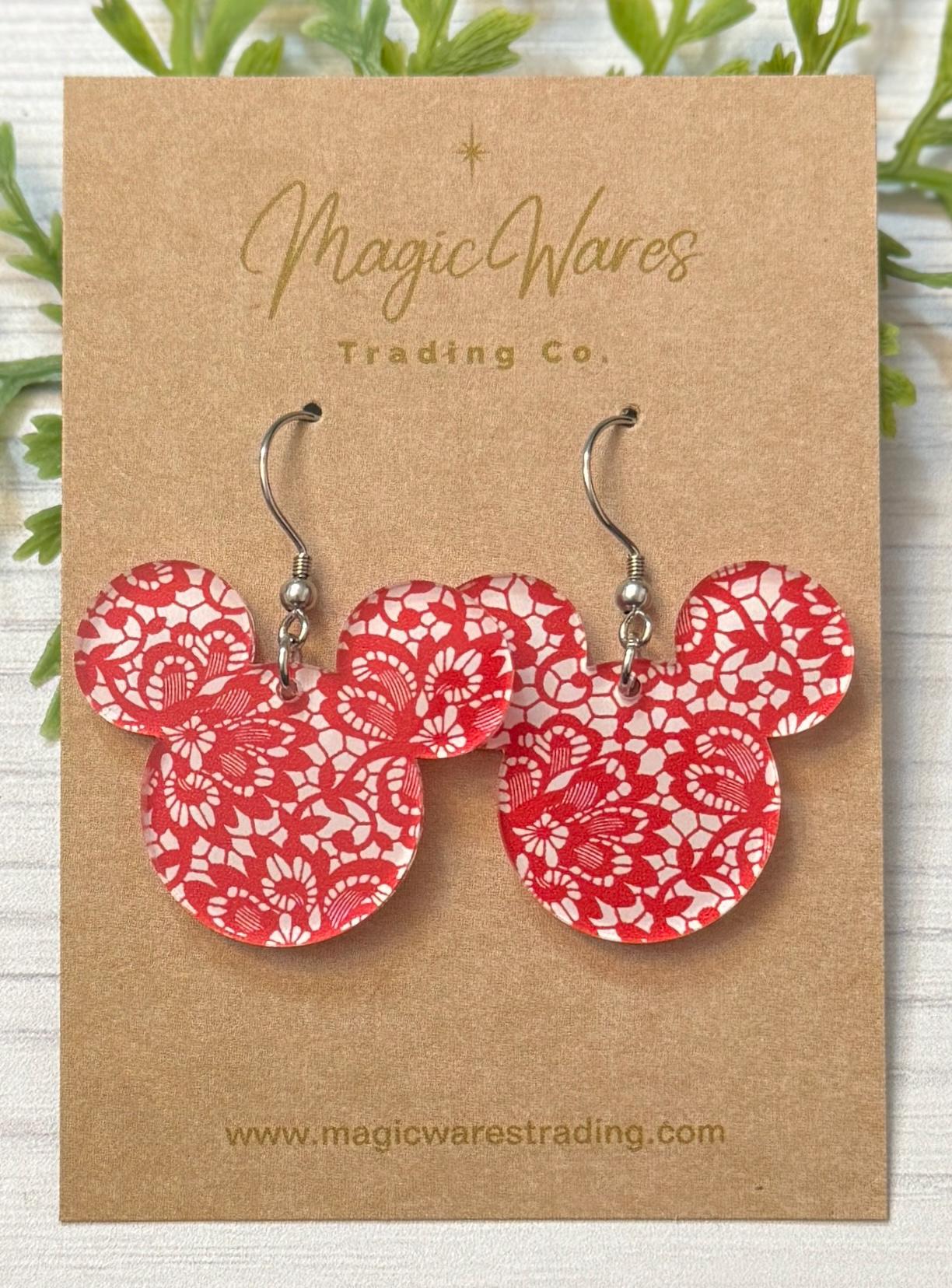 Red Lace Mouse Head Laser cut Dangle Earrings, Red Lace Patterned Crystal Acrylic, Valentines Day Earrings, Gift for Valentines Day