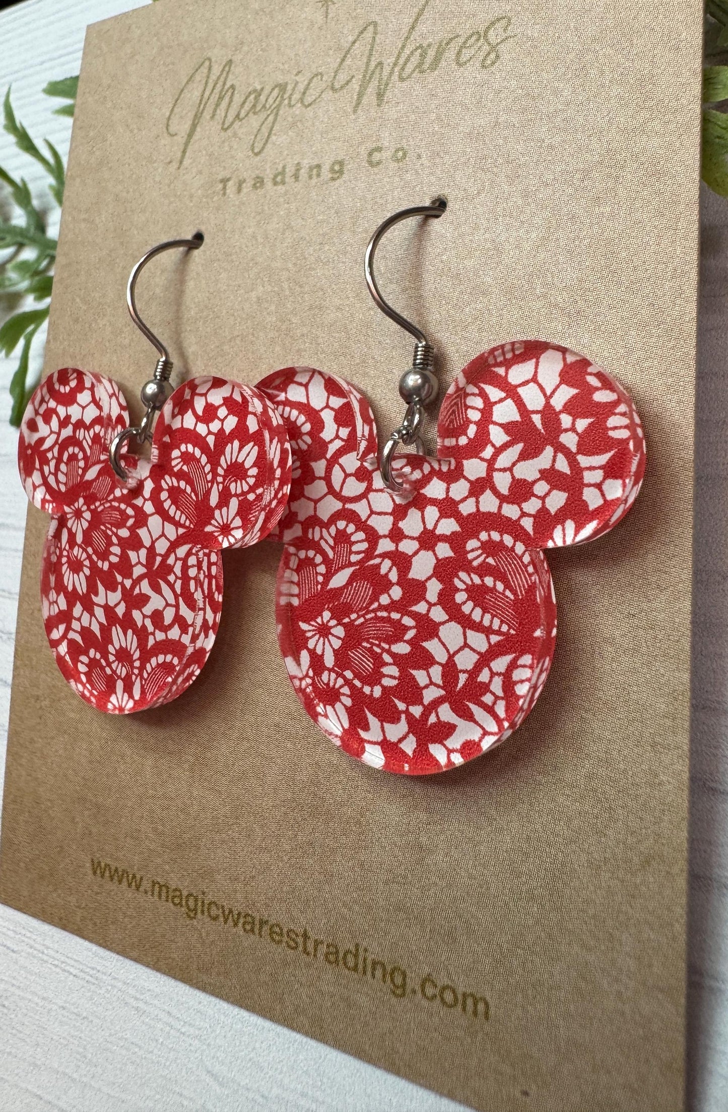 Red Lace Mouse Head Laser cut Dangle Earrings, Red Lace Patterned Crystal Acrylic, Valentines Day Earrings, Gift for Valentines Day