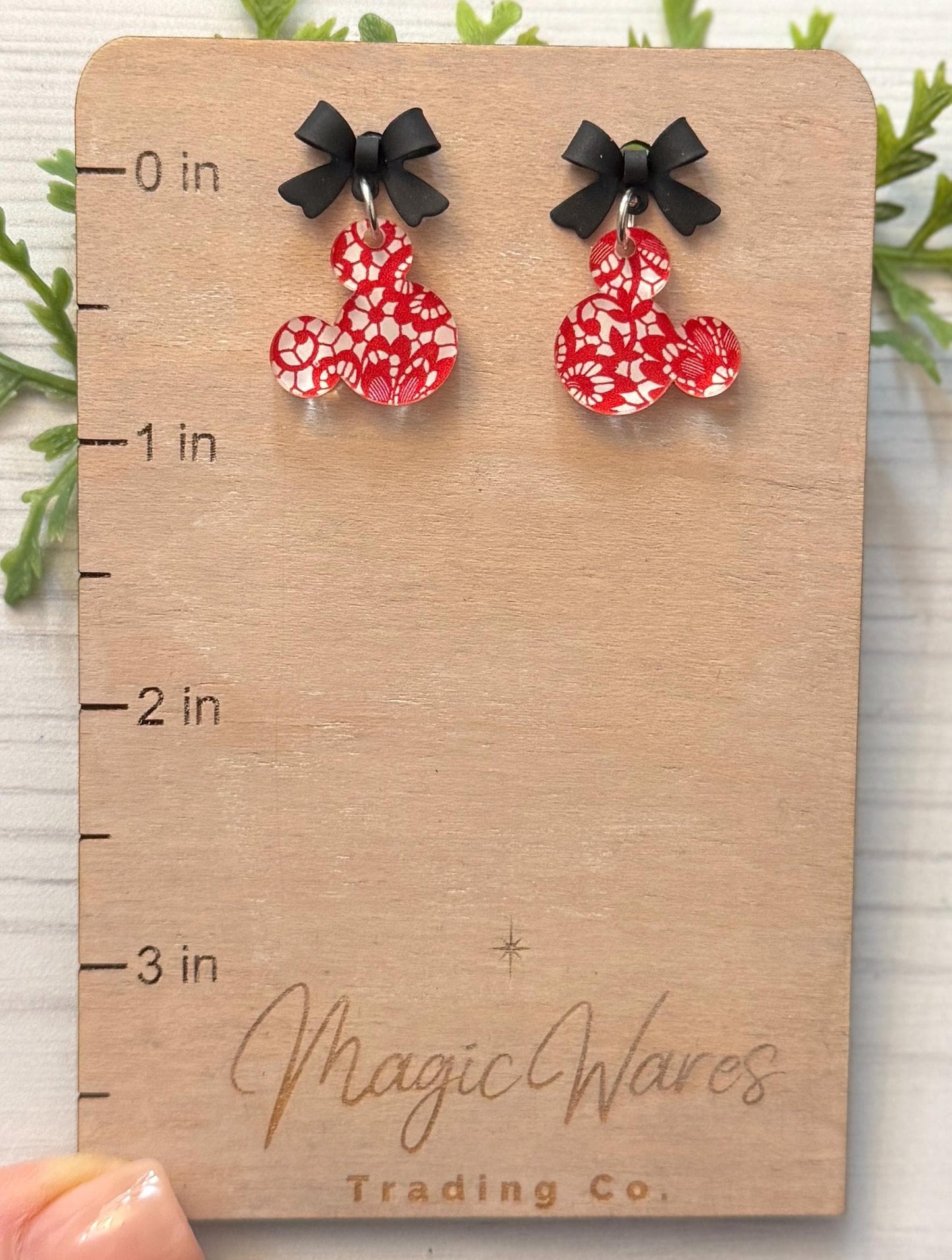 Black Bow and Red Lace Mouse Head Laser cut Dangle Earrings, Red Lace Patterned Crystal Acrylic, Valentines Day Earrings