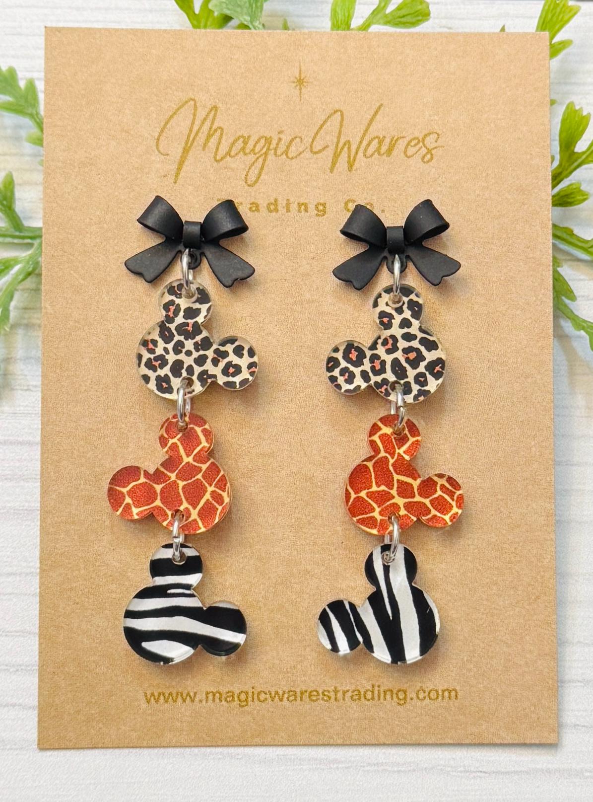 Animal Print Mouse head Stud Dangle Earrings, Black Bow Sterling Silver Post Dangle Earrings, Animal Kingdom Earrings